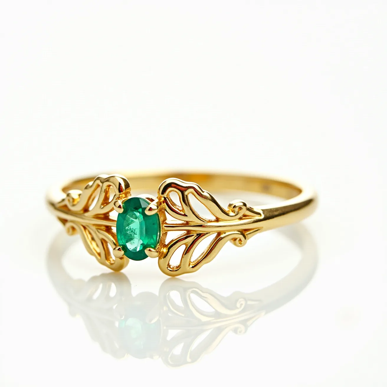 This emerald promise ring features a central oval-cut emerald gemstone, set in a prong setting that highlights its vibrant green hue. The band is crafted from a yellow gold material, which complements the rich color of the emerald. The design includes elegant, intricate detailing on either side of the setting, reminiscent of leaf motifs, adding a graceful and naturalistic aesthetic to the overall appearance of the ring. The combination of these elements creates a harmonious balance between the lustrous gold and the vivid gemstone, making it a striking piece of jewelry.