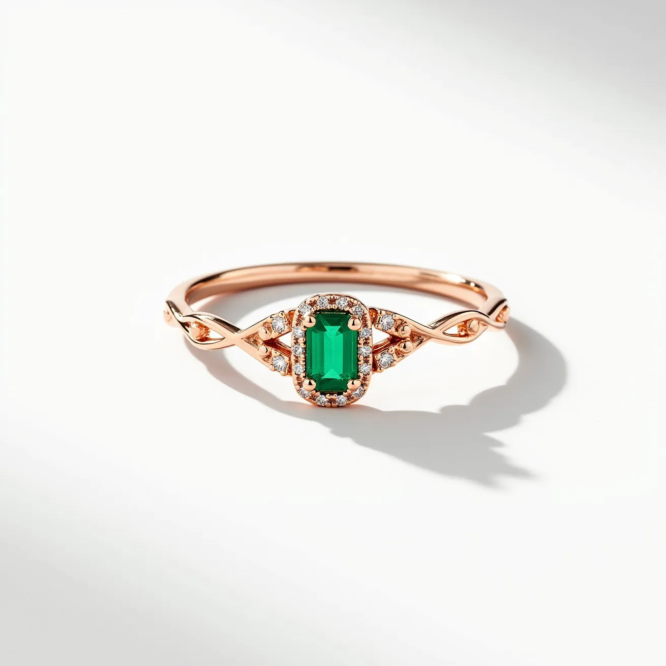 This emerald promise ring features a central, elegantly cut emerald stone, rectangular in shape, set in a shimmering rose gold band. The emerald is flanked by a delicate halo of small, round-cut diamonds that enhance its vivid green hue. The setting is designed to hold the gems securely, adding a touch of intricate detailing. The band itself has a graceful, intertwining design, accentuating the central gemstone, with no additional attachments or clasps. This harmonious combination of emerald and diamonds creates a timeless and sophisticated look.