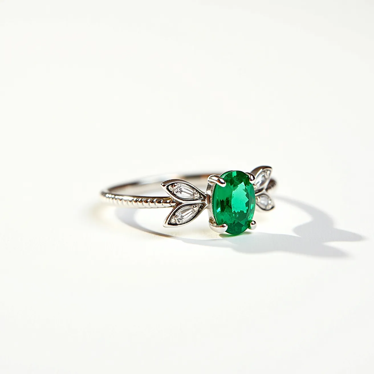 This emerald promise ring features a vibrant, oval-cut emerald set as the centerpiece, secured by four prongs. The band is crafted from a polished metal, likely white gold or platinum, which complements the rich green hue of the emerald. On either side of the center stone, two leaf-like settings hold marquise-cut clear stones, possibly diamonds, which enhance the botanical theme of the design. The ring is elegant and delicate, embodying a promise with both understated charm and a touch of nature-inspired elegance.