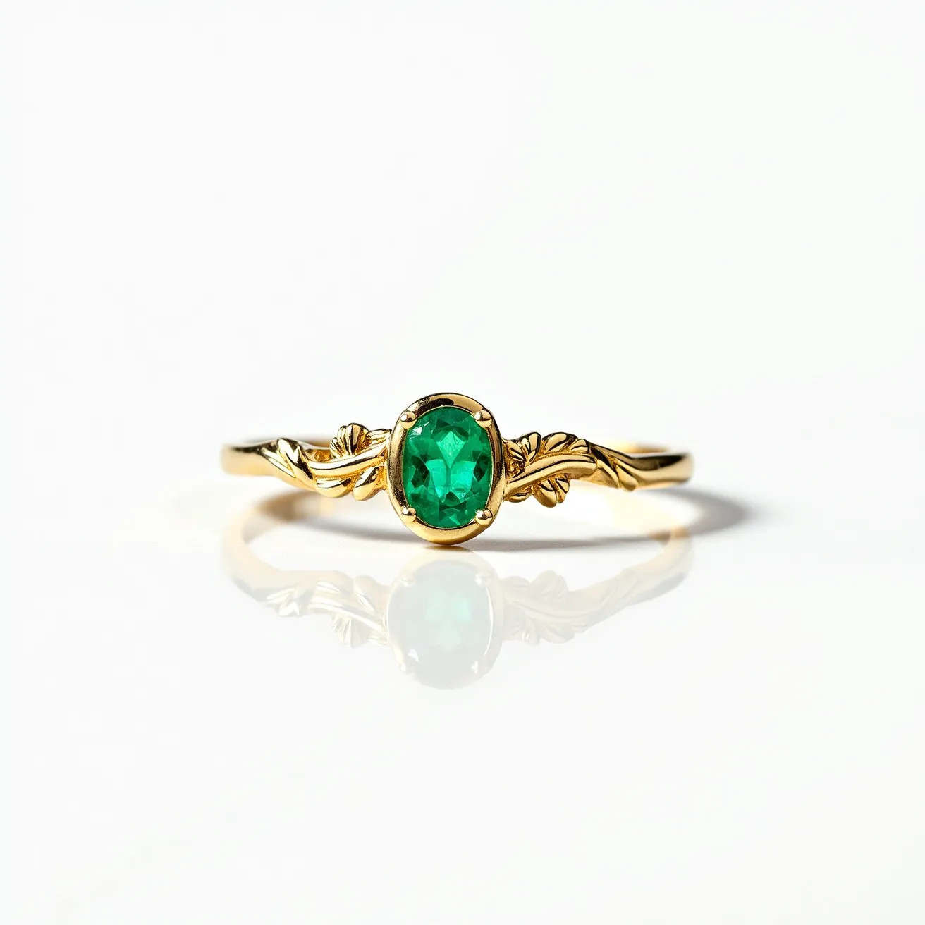 This emerald promise ring features a stunning oval-cut emerald set in a delicate gold band. The band is elegantly adorned with intricate leaf designs that complement the vibrant green hue of the central stone. The emerald is secured in a bezel setting, which enhances its visibility and ensures its stability. The combination of the rich emerald and the detailed gold work creates a classic and timeless appearance.