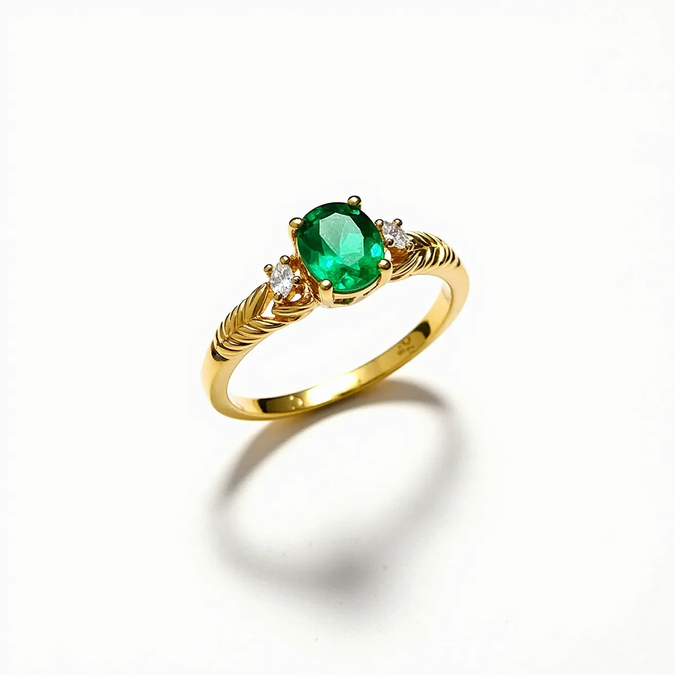 This emerald promise ring features a striking oval-cut emerald at its center, held securely by a four-prong setting. The band is crafted from a lustrous yellow gold, complementing the vibrant green of the emerald. Flanking the central stone are two round brilliant-cut diamonds, each set in a petite prong setting, adding a touch of elegance and sparkle. The ring's design is both classic and sophisticated, making it a timeless symbol of commitment.