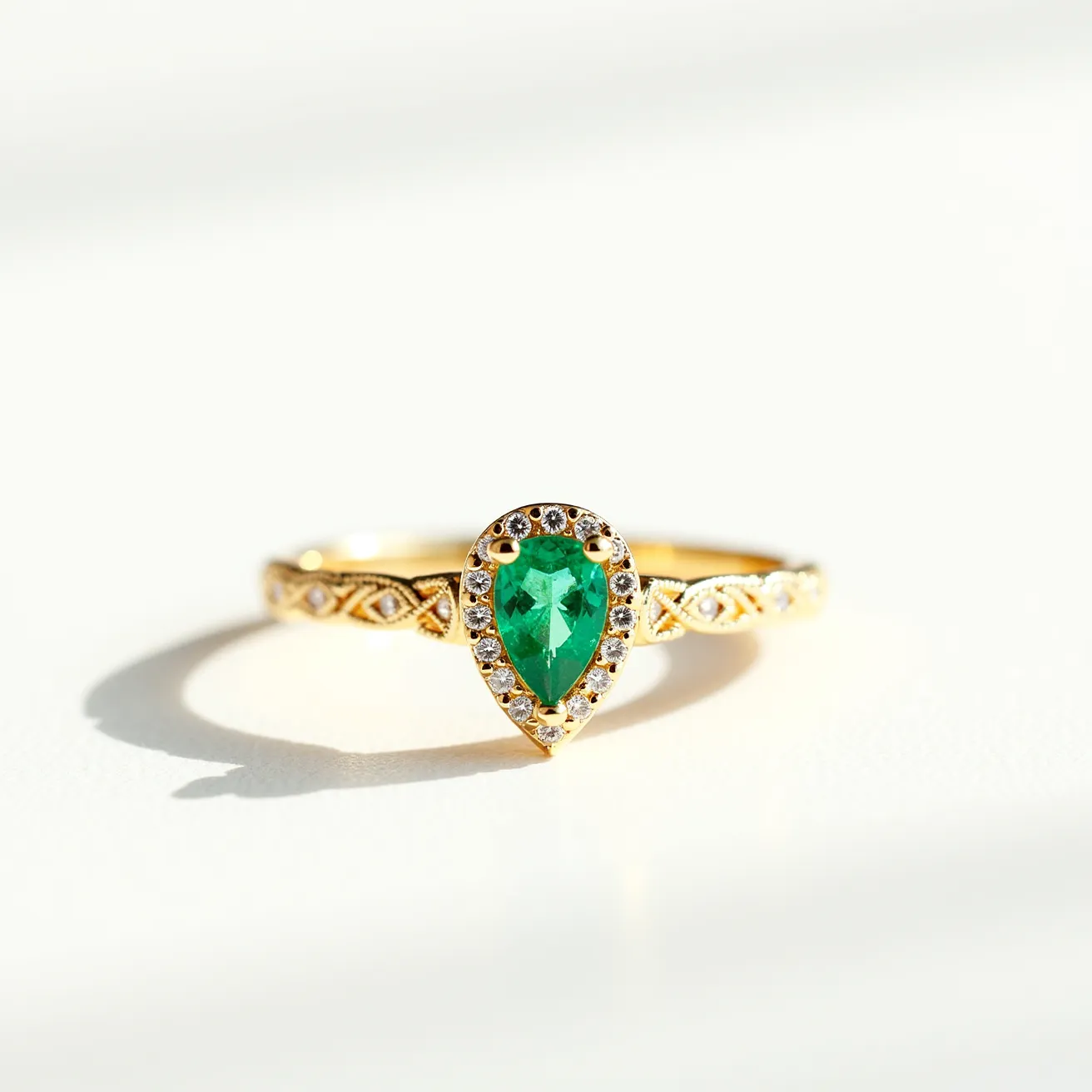 This emerald promise ring features a pear-shaped emerald as the centerpiece, set in a prong setting that securely holds the gem. Surrounding the emerald is a halo of smaller round-cut diamonds, enhancing the ring's elegance and sparkle. The band is crafted from yellow gold, which complements the green hue of the emerald. Delicate engraved patterns and additional small diamonds adorn the band, adding intricate detail and visual interest to the piece. There is no visible clasp or attachment, as the band is continuous, typical of a ring.