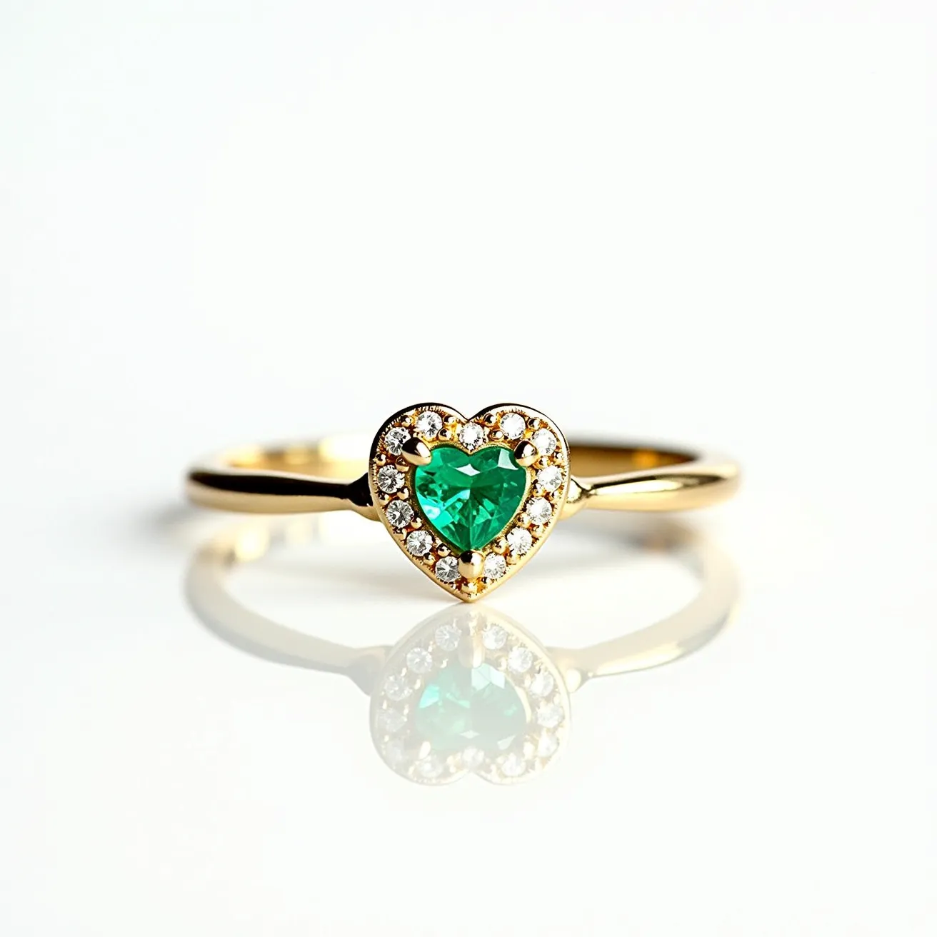 This emerald promise ring features a heart-shaped emerald as its centerpiece, which is elegantly set in a bezel-style setting. The emerald is surrounded by a halo of small, round-cut diamonds that add sparkle and contrast to the deep green stone. The band of the ring is crafted from a polished yellow gold, providing a warm and classic backdrop for the vibrant gemstones. There is no visible clasp, as this is a traditional ring designed to slip onto the finger. The combination of the heart shape and precious materials makes this ring a symbol of affection and commitment.