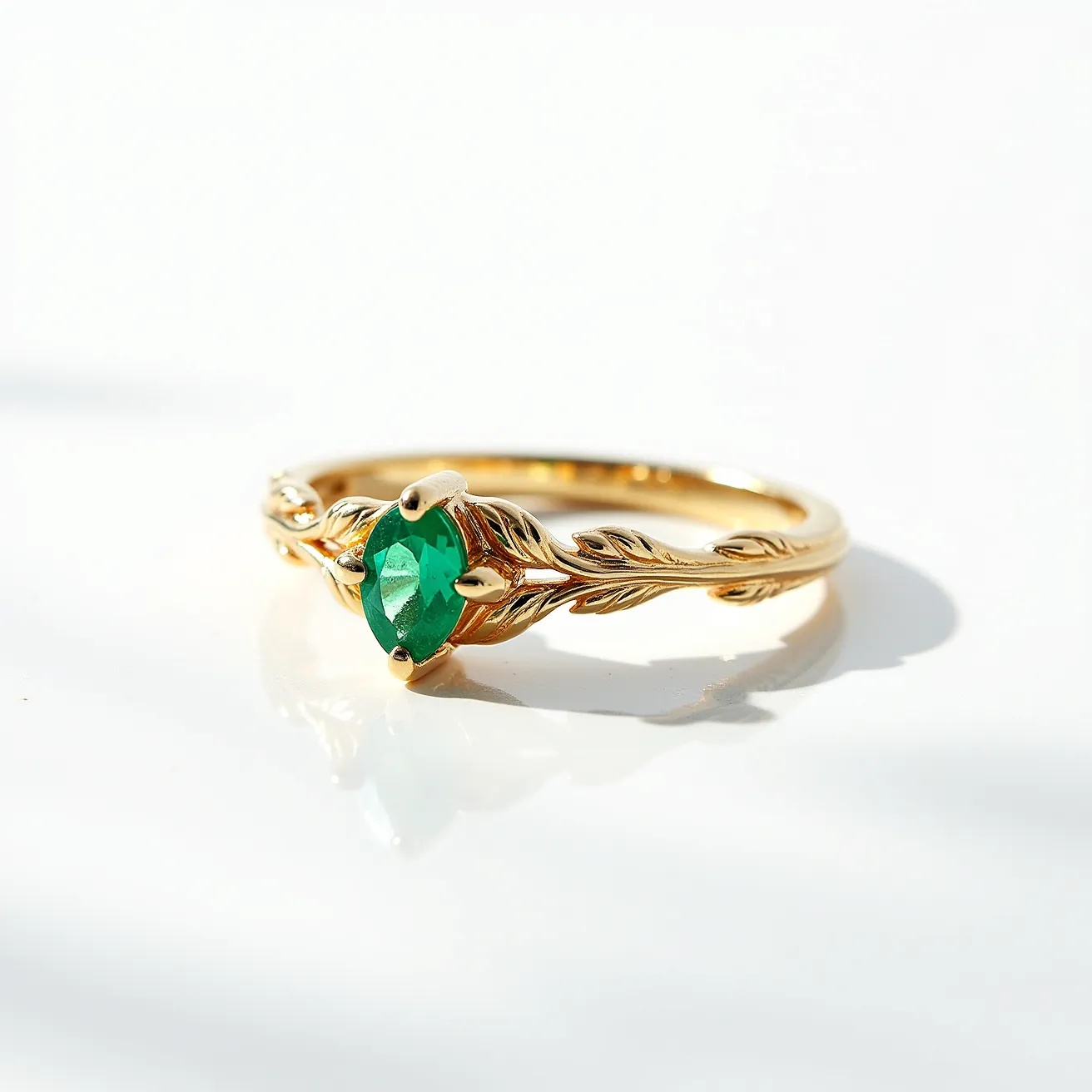 This emerald promise ring features a striking marquise-cut emerald gemstone set in a beautiful gold band. The vivid green stone is securely held in place by prongs that emphasize its elongated shape and vibrant hue. The band is crafted with intricate leaf-like detailing, adding an elegant, nature-inspired touch to the overall design. This exquisite piece combines both classic and whimsical elements, making it a unique symbol of commitment and style.