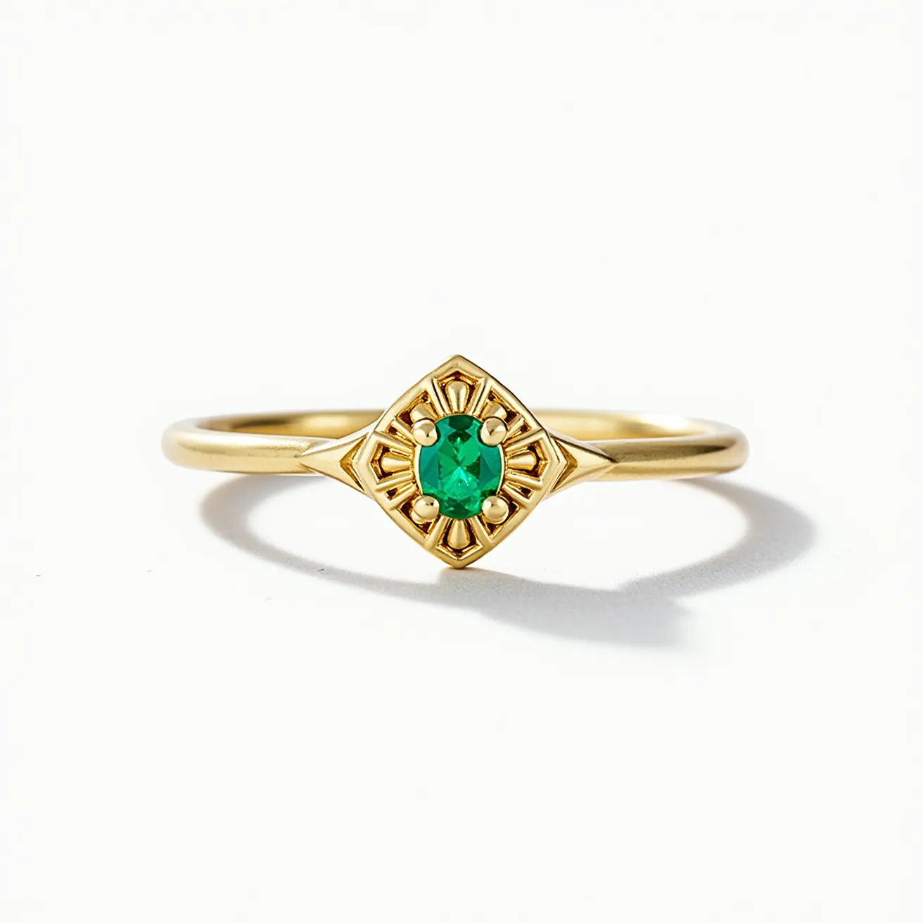 This emerald promise ring features a striking green emerald as its centerpiece, cut in a round shape to enhance its brilliance and clarity. The gem is securely set in a four-prong arrangement, which allows the light to flow through the stone, accentuating its vibrant hue. Surrounding the emerald is an intricate and decorative setting that adds an elegant touch to the design. The band of the ring is crafted from a polished yellow gold material, which complements the green of the emerald and provides a classic and timeless appeal. The overall design is both delicate and sophisticated, making it a perfect choice for a meaningful promise ring.