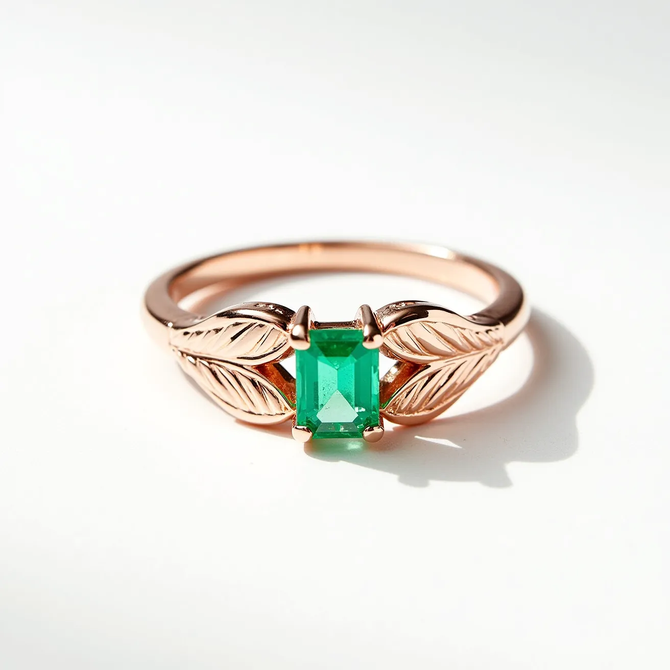 This emerald promise ring features a well-cut, rectangular emerald at its center, held securely by a four-prong setting that showcases its vibrant green hue. The band appears to be crafted from rose gold, which complements the gemstone beautifully and gives a warm, elegant appearance. Flanking the emerald are intricately designed leaf motifs, adding a nature-inspired, delicate charm to the overall design. The leaves are smoothly integrated into the band, enhancing the ring’s seamless and harmonious aesthetic.