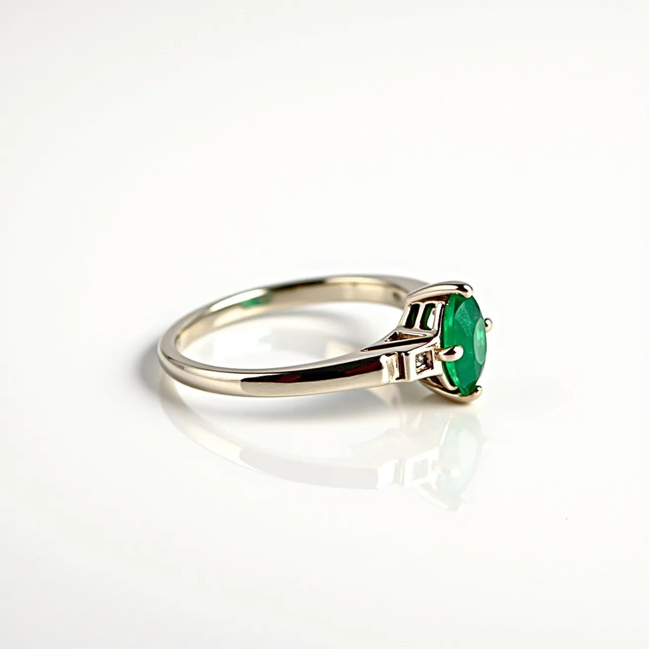 This emerald ring features a prominent, oval-cut emerald stone set in a sleek prong setting. The band appears to be crafted from a polished white gold or platinum, complementing the vibrant green of the emerald. Flanking the main stone are two small, square-cut diamonds embedded on either side, adding subtle brilliance and contrast. The elegant design is further accentuated by the smooth, tapered band that focuses attention on the central gemstone, offering a classic yet refined aesthetic.