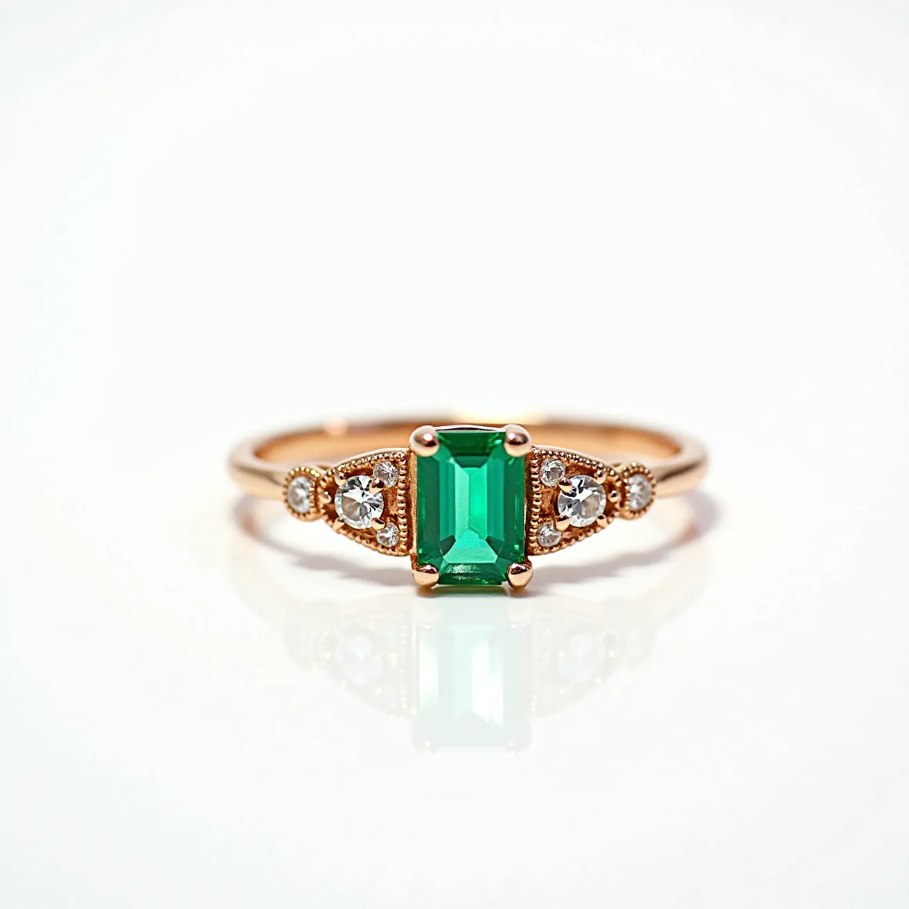 This emerald ring features a central emerald-cut stone set in a prominent position, showcasing its vivid green hue. The central stone is mounted in a four-prong setting, ensuring stability and highlighting its rectangular shape. Accompanying the emerald are several smaller round cut diamonds accenting each side, arranged in a triangular pattern that adds elegance and brilliance to the design. The band appears to be crafted from a warm-toned metal, likely rose gold, complementing the vibrant green of the emerald and the clear sparkle of the diamonds. The intricate detailing surrounding the side stones enhances the overall aesthetic, giving the ring a vintage-inspired appeal.