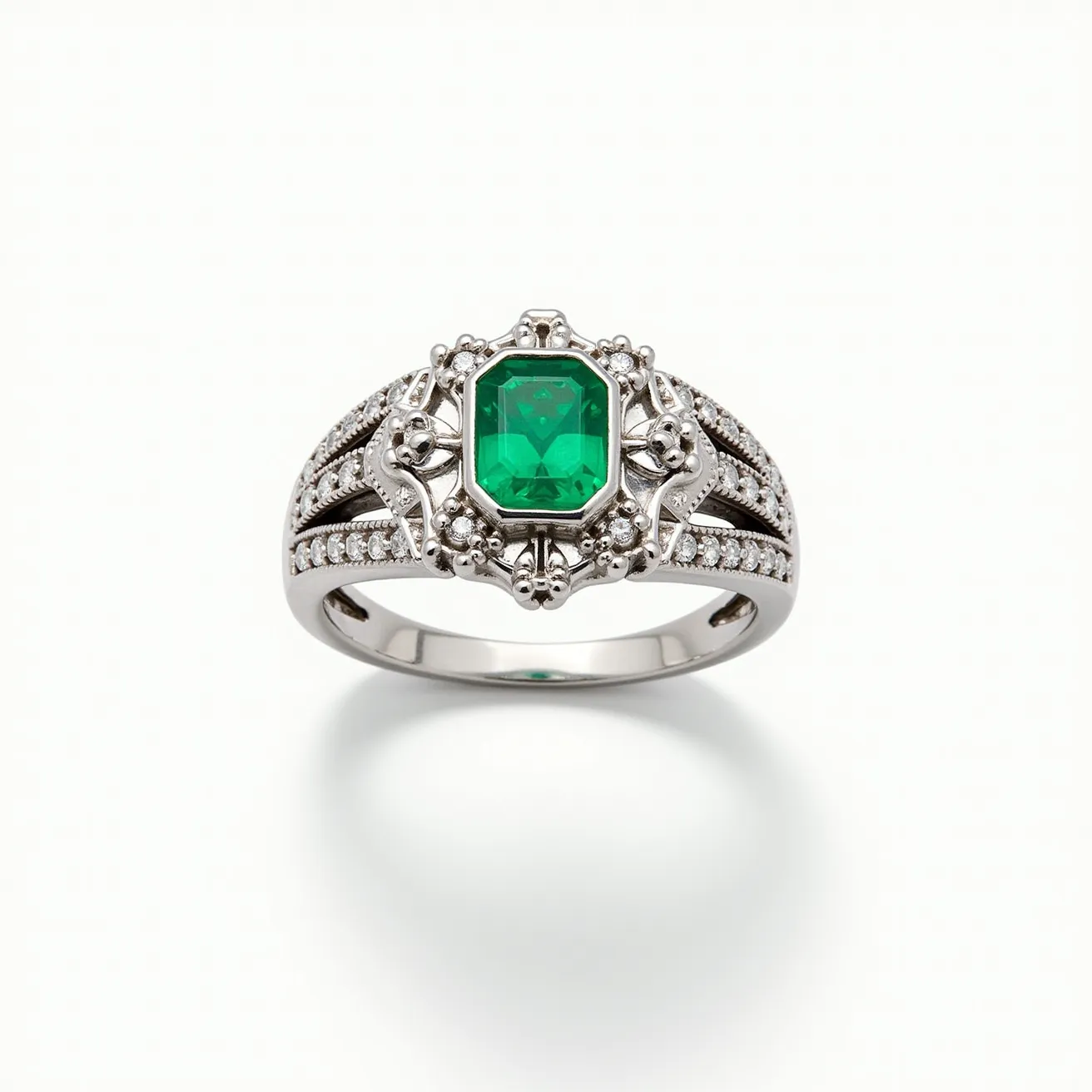 This emerald ring features a central, emerald-cut emerald gemstone set within an ornate and intricate setting. The band appears to be crafted from a white metal, likely white gold or platinum, contributing to its elegant and refined appearance. Surrounding the central emerald are small round diamonds, enhancing the ring's sparkle and adding sophistication. The band itself is designed with multiple rows adorned with similar small diamonds, creating a dazzling effect that complements the centerpiece. The ring's meticulous detailing and arrangement of stones in a split-shank design underscore its craftsmanship and luxurious style.