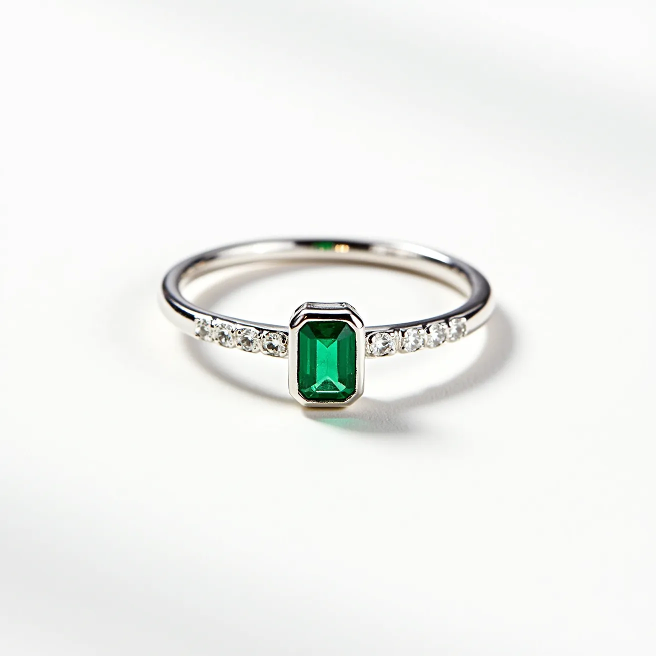 This emerald ring features a vibrant green emerald-cut stone set in a sleek metal band, likely made of platinum or white gold, enhancing its refined appearance. The central emerald is securely placed in a bezel setting, providing both style and protection. Flanking the main stone are a series of small, round-cut diamonds embedded along the band, adding a touch of sparkle and elegance. The simplicity and elegance of the ring's design emphasize the rich color of the emerald, making it a standout piece.