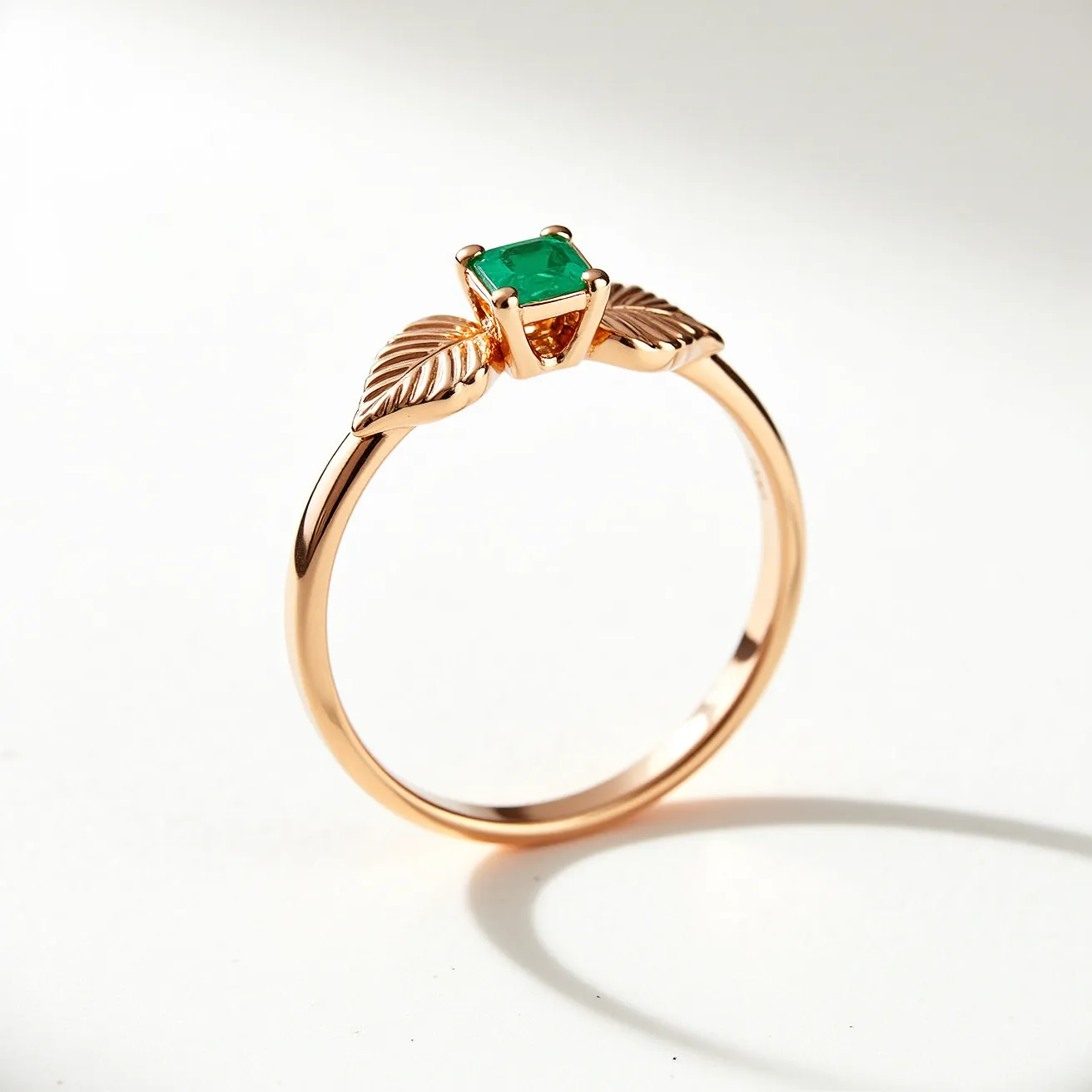 This emerald ring features a captivating emerald-cut green stone set in a delicate prong setting. The band is crafted from a warm tone metal, likely rose gold, and is adorned with intricate leaf motifs on either side of the gem, enhancing its elegance and natural theme. The setting secures the stone prominently, allowing it to catch light from various angles, and the band is smooth and polished, adding to its refined appearance. The design of the ring seamlessly combines sophistication with a touch of nature-inspired charm.