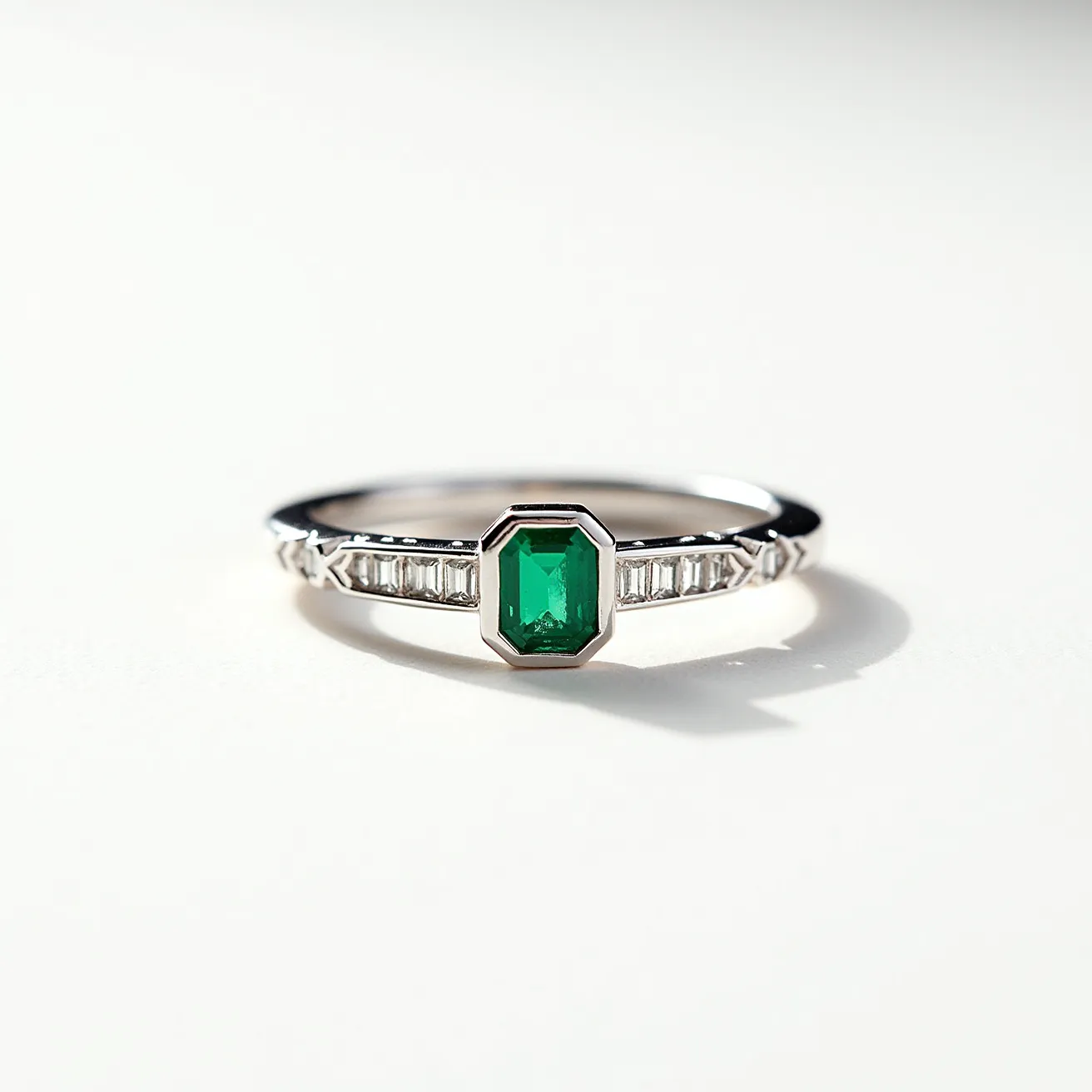 This emerald ring showcases a striking emerald-cut green gem at its center, set in a sleek metal band that appears to be made of polished white gold or platinum. The emerald is accentuated by a series of baguette-cut diamonds or clear stones that are channel-set into the band, flanking the central gem on each side, adding an elegant symmetry and sparkle to the design. The metalwork around the emerald is smooth and complements the clarity and color of the central stone, enhancing its vibrant presence. The delicate and precise setting emphasizes both the central emerald and the accompanying stones, creating an overall harmonious and refined appearance.