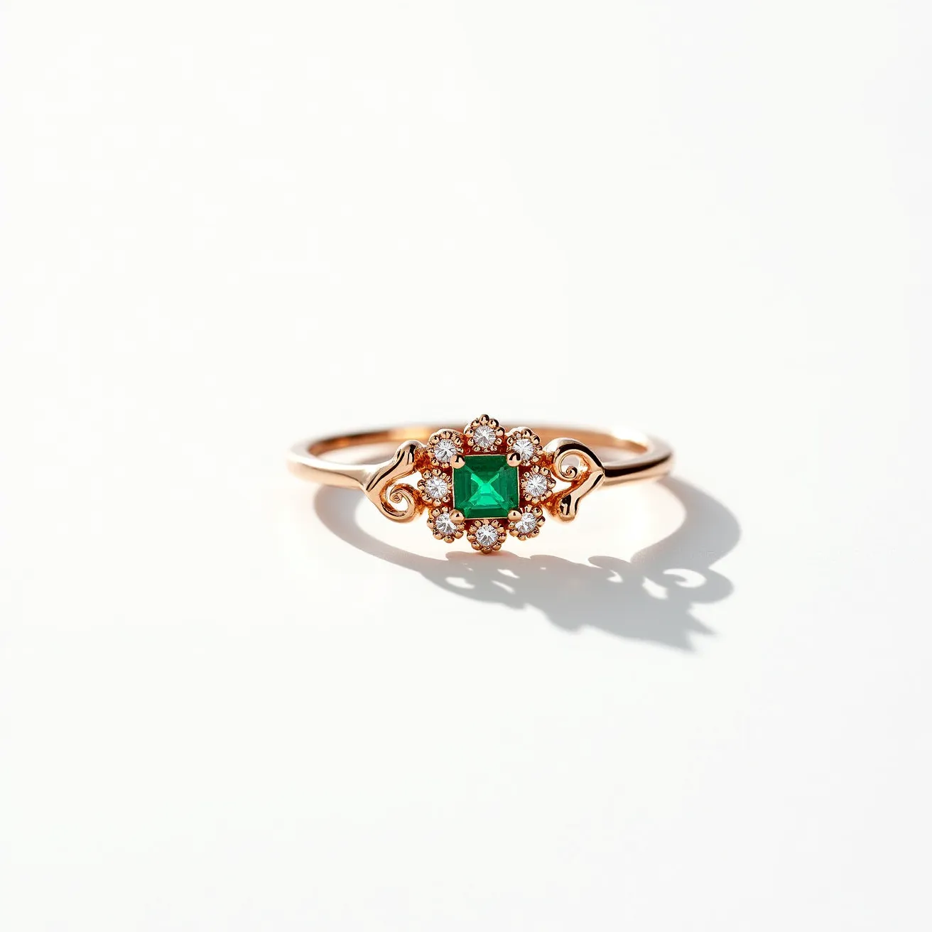 This emerald ring features a striking square-cut emerald set at its center, surrounded by a halo of small round diamonds that enhance its vibrant green hue. The setting is crafted from polished gold, showcasing intricate scrollwork details on either side of the stone, adding a touch of elegance and sophistication. The band is delicate and slender, allowing the centerpiece to capture attention effortlessly. No visible clasps or attachments are present, emphasizing the ring's classic and seamless design.