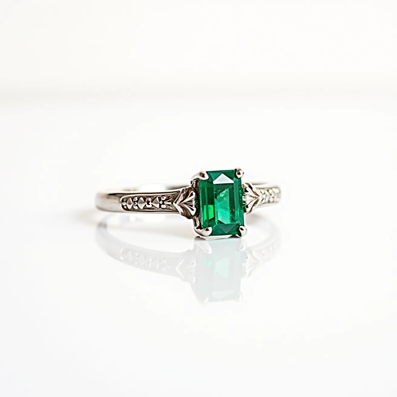 This emerald ring features a striking rectangular-cut emerald as the centerpiece, held securely by a four-prong setting that accentuates its vibrant green hue. The band appears to be made of a silvery metal, possibly white gold or platinum, and is adorned with intricate detailing that adds an element of elegance to the overall design. The combination of the green emerald with the detailed band creates a sophisticated and classic piece of jewelry.