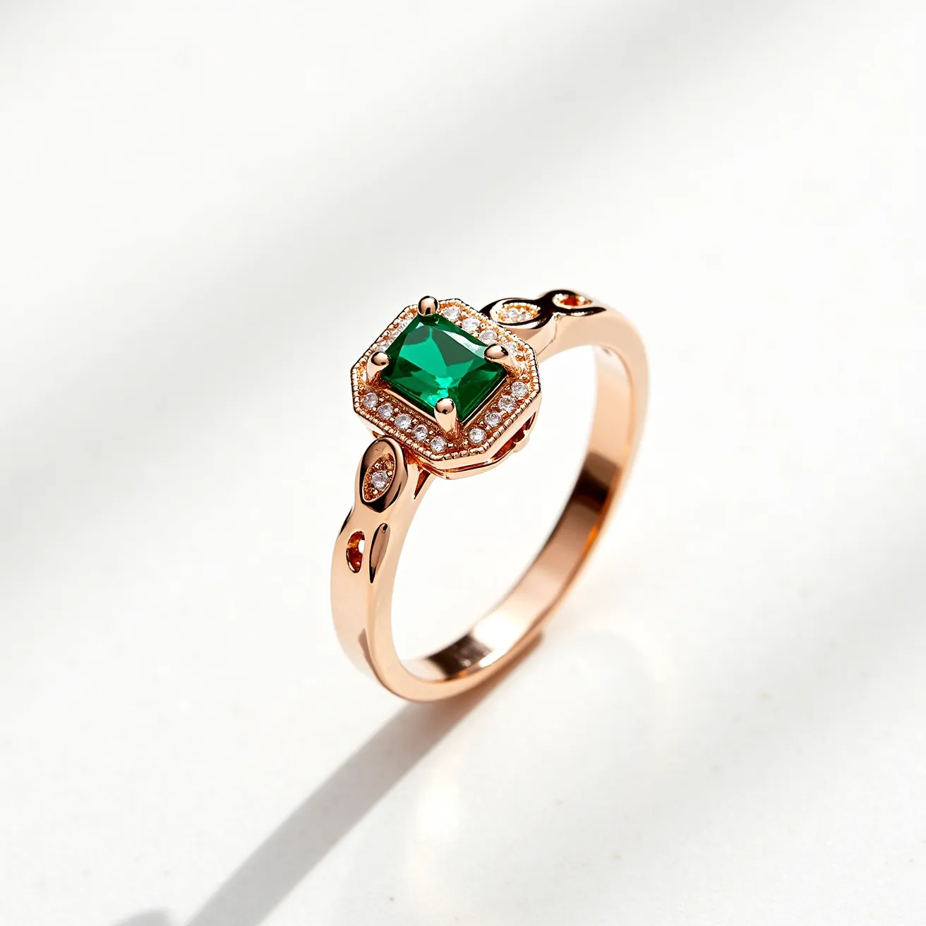 This emerald ring features a stunning square-cut emerald set in a rose gold band. The emerald is framed by a halo of small, round white diamonds, adding a touch of sparkle and elegance. The setting showcases intricate detailing with additional diamond accents on the shoulders, enhancing its overall allure. The band itself is polished, with delicate cutout patterns, seamlessly integrating the gemstones and design elements for a cohesive look.