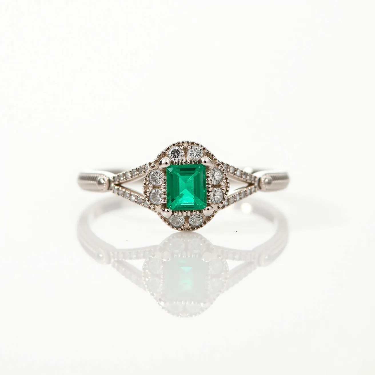 This emerald ring showcases a central square-cut emerald, set in what appears to be a prong setting to secure the stone. The vibrant emerald is beautifully surrounded by a halo of round, brilliant-cut diamonds that add sparkle and contrast the deep green of the central gem. The band of the ring is likely made of a white metal, such as white gold or platinum, which complements the color of the diamonds and provides a modern, elegant look. Additionally, the sides of the band feature smaller diamonds, enhancing the overall glittering effect of the piece. The setting and arrangement of the stones suggest a classic and timeless design.