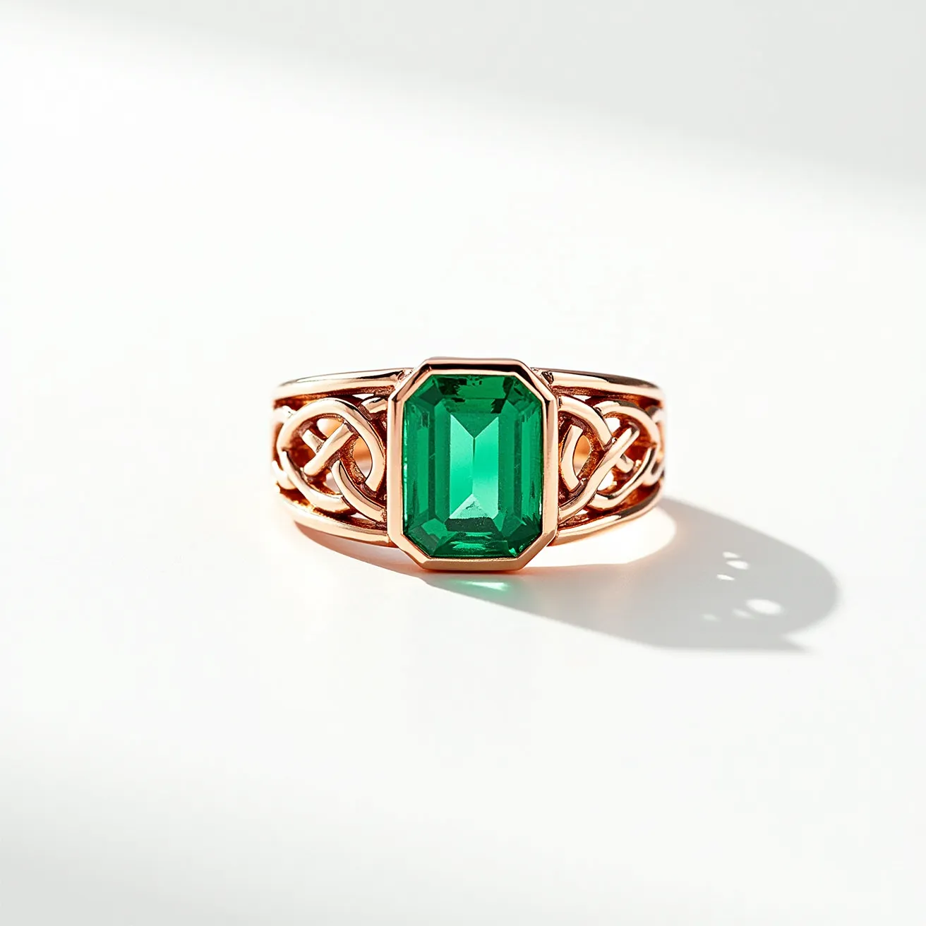 This emerald ring features a striking emerald-cut stone set prominently in a bezel setting. The vivid green gemstone is the centerpiece, flanked by an intricately designed band that showcases a detailed knot pattern. Crafted from a material that appears to be rose gold, the band adds a warm contrast to the vibrant emerald, enhancing its allure. The ring's design combines elegance with a touch of intricate artistry, making it both timeless and unique.