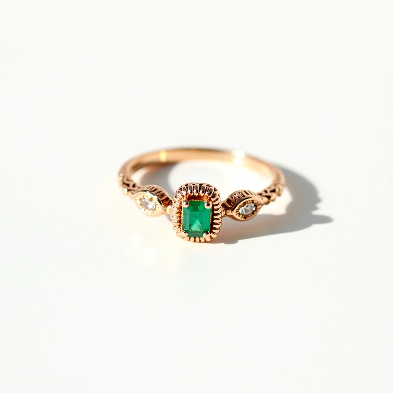 This emerald ring features a prominent rectangular emerald-cut green gemstone set in the center. The emerald is flanked by two smaller, round-cut clear stones, likely diamonds, each nestled in an intricate bezel setting with a textured band. The band of the ring is crafted from a warm-toned metal, possibly rose gold, and displays a decorative pattern that complements the overall design. The ring exemplifies a blend of elegance and detailed craftsmanship, with the vibrant emerald at its heart drawing attention.