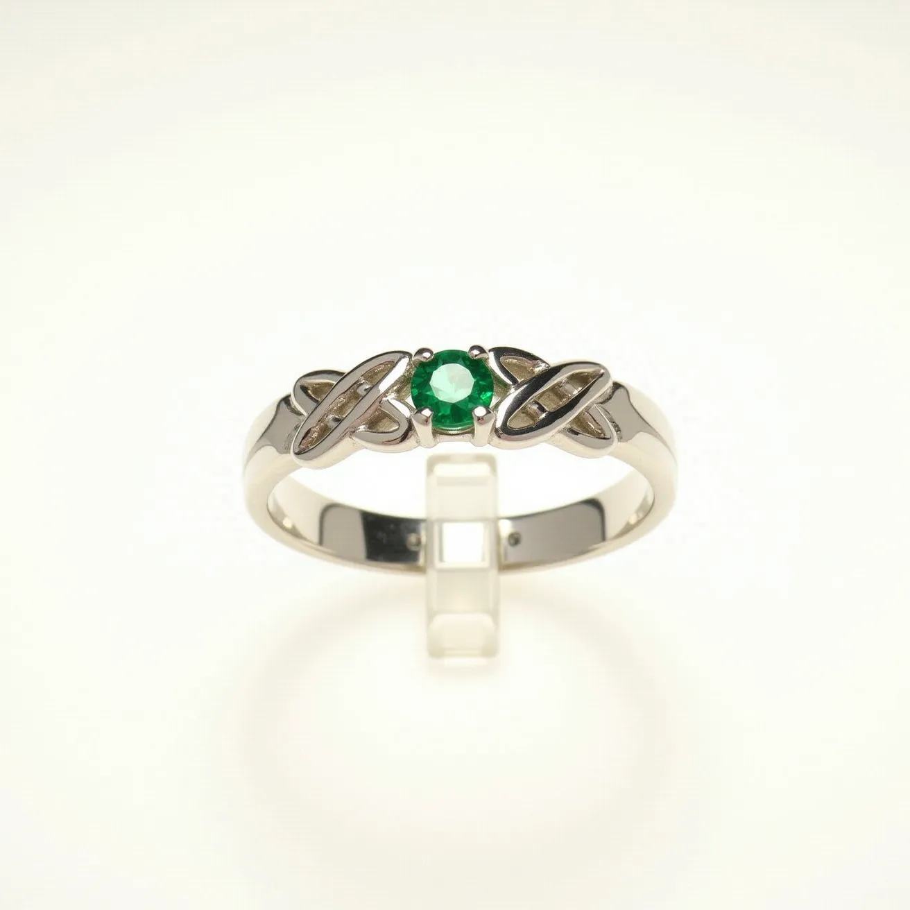 This emerald ring features a central round-cut emerald set in a polished metal band, possibly made of white gold or platinum. The setting is enhanced with a Celtic-inspired knot design flanking the central stone on either side, adding a touch of intricate craftsmanship to the piece. The band is smooth and reflective, contributing to a sleek, modern appearance. There is no visible clasp, as the ring is a continuous band typical of traditional finger rings. The overall design combines elegance with a hint of cultural symbolism, making it both a sophisticated and meaningful accessory.