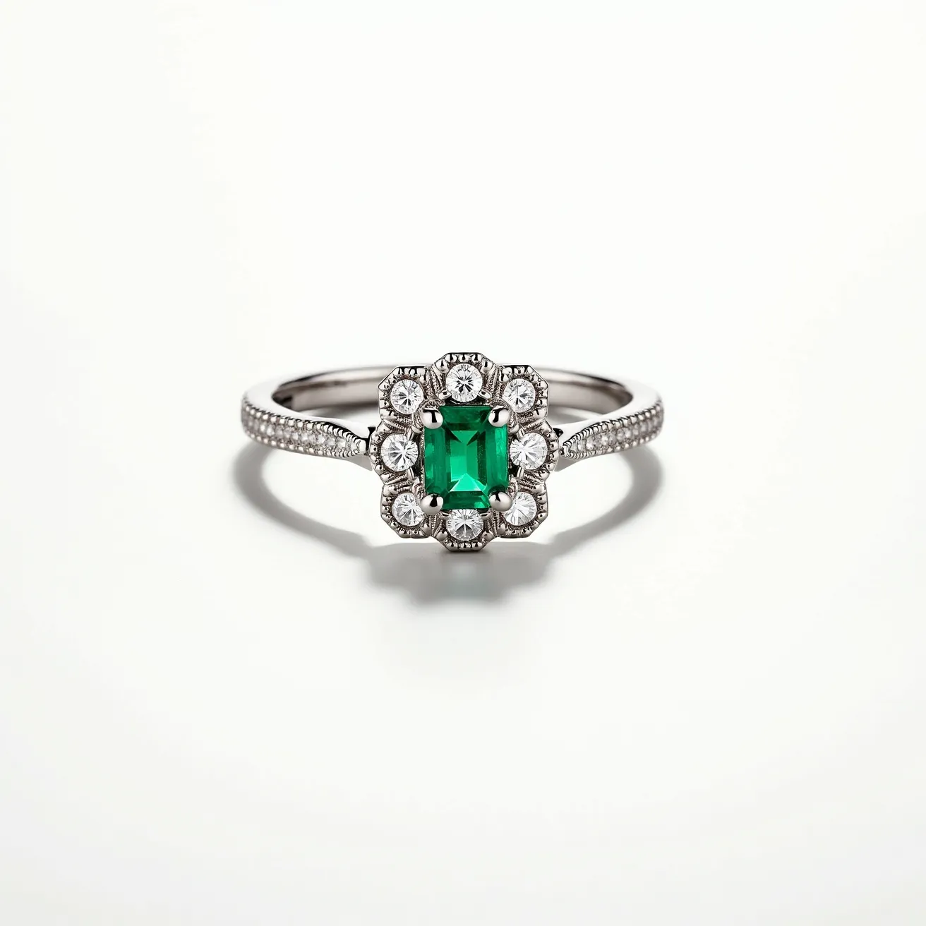 This emerald ring features a striking emerald-cut emerald at its center, set in a rich white metal band, likely platinum or white gold, known for its durability and elegance. The central stone is surrounded by a cluster of round brilliant-cut diamonds, enhancing the vibrant green hue of the emerald. These diamonds are elegantly arranged in a halo setting, lending additional sparkle and sophistication. The shank of the ring is embellished with intricate detailing and small diamonds set into the band, adding to the overall opulent appearance. The refined craftsmanship and choice of high-quality materials make this ring a luxurious piece of jewelry.