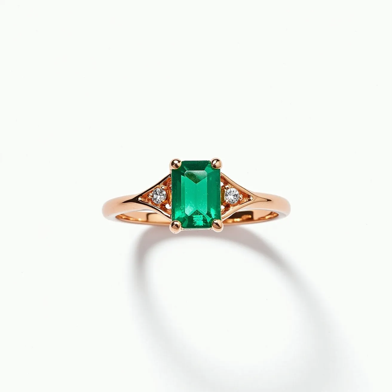 This emerald ring showcases a striking rectangular-cut emerald as the central stone, expertly held in place with a four-prong setting. The vibrant green hue of the emerald is complemented by the warm tone of the gold band, which appears to be rose or yellow gold. Flanking the central emerald are two round-cut diamonds, each securely nestled in a triangular setting that adds an additional touch of brilliance and sophistication to the design. The band is elegantly simple, allowing the gemstones to take center stage in this classic and timeless piece of jewelry.