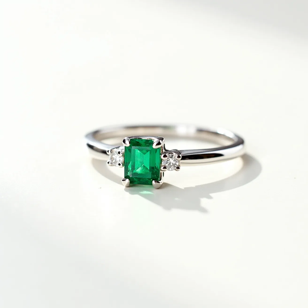 This emerald ring features a central emerald-cut green gemstone set in a sleek, polished metal band, likely white gold or platinum. The emerald is held securely in a four-prong setting, complemented on each side by a small, round accent stone that appears to be a diamond, providing contrast and enhancing the ring's elegance. The band itself is simple and slender, emphasizing the central stones and creating a classic and timeless look without additional embellishments or attachments.