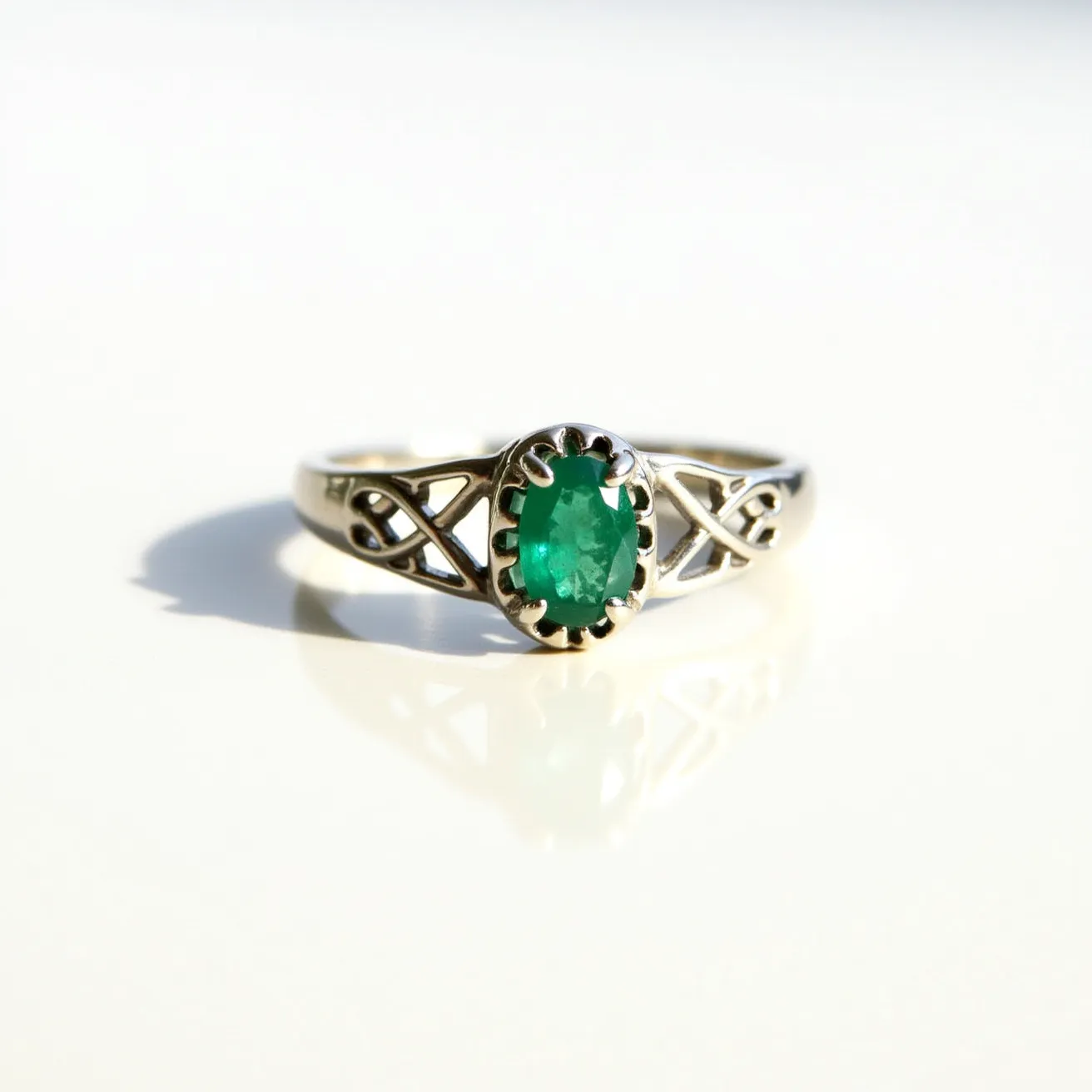 This emerald ring features an oval-shaped emerald gemstone set in a stylishly intricate band crafted from what appears to be silver. The emerald is securely held in place by a distinctive prong setting that enhances its vibrant green hue. The band is adorned with an elegant Celtic knot design, adding an aesthetic touch that complements the central stone. There is no visible clasp, as the ring is a solid band, designed for seamless wear. The overall design is balanced, highlighting the beauty of the emerald while simultaneously showcasing the artistry of the metalwork.