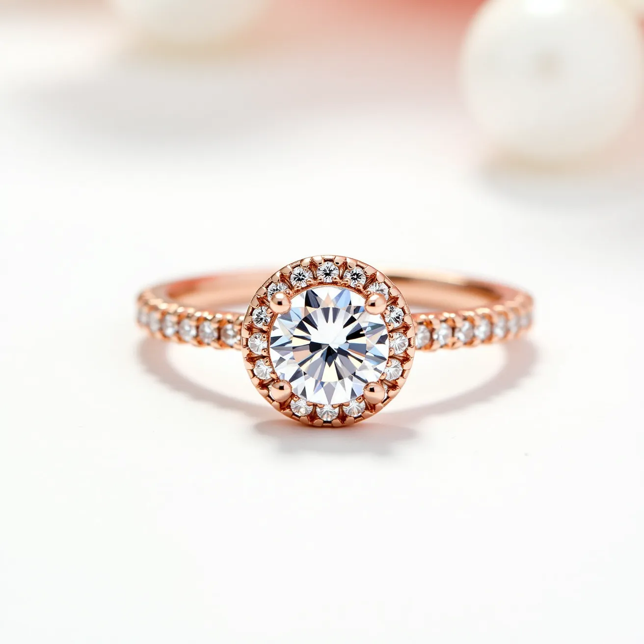 This engagement ring features a rose gold band encrusted with small round diamonds along its shank, enhancing its overall sparkle. The central focus is a large, round brilliant-cut diamond set in a prong setting, which maximizes its brilliance and fire. Surrounding the main diamond is a halo of smaller round diamonds, adding to the ring’s radiance and creating an elegant and sophisticated allure. The combination of rose gold and diamonds gives this ring a warm and romantic aesthetic, striking a balance between classic and contemporary design elements.