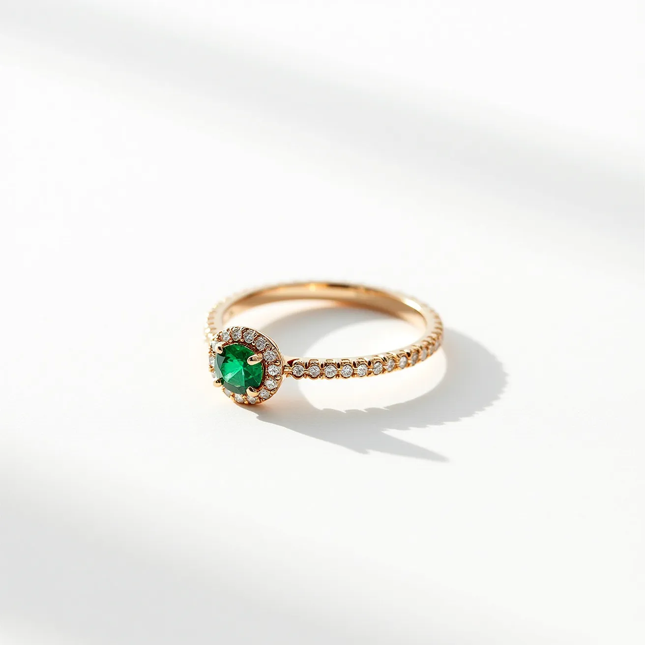 This engagement ring features a central emerald gemstone, cut in a round shape, which is set in a delicate halo of small diamonds. The halo, along with the diamonds that extend along the band, adds an exquisite touch to the overall elegance of the piece. The band appears to be crafted from gold, complementing the vibrant green of the emerald and the sparkle of the diamonds. The setting securely holds the stones to enhance their brilliance, and the overall design is both classic and sophisticated, making it an eye-catching piece.