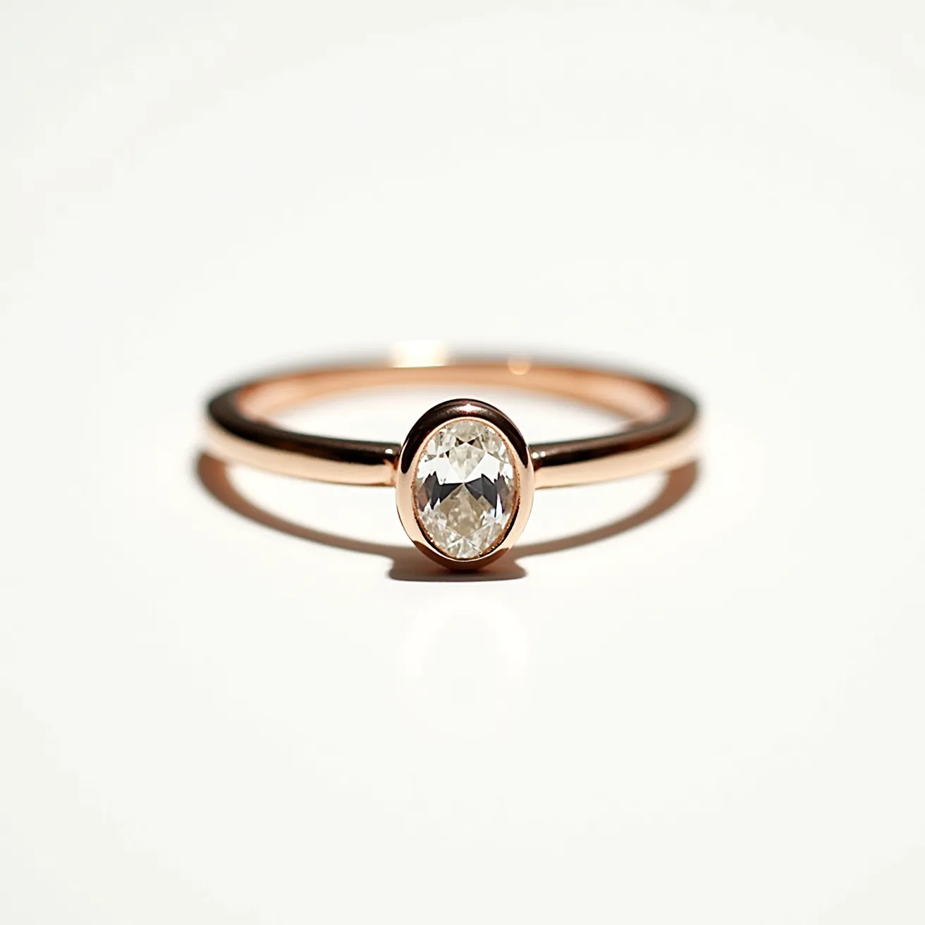 This engagement ring features an elegant design with a central oval-cut diamond set in a bezel setting. The band is crafted from rose gold, providing a warm and sophisticated contrast to the brilliance of the diamond. The smooth, continuous design of the bezel setting enhances the stone's profile and ensures a secure fit within the band. The minimalist design of the ring highlights the beauty of the materials used, combining the shimmering allure of the diamond with the subtle, rosy hue of the gold band.