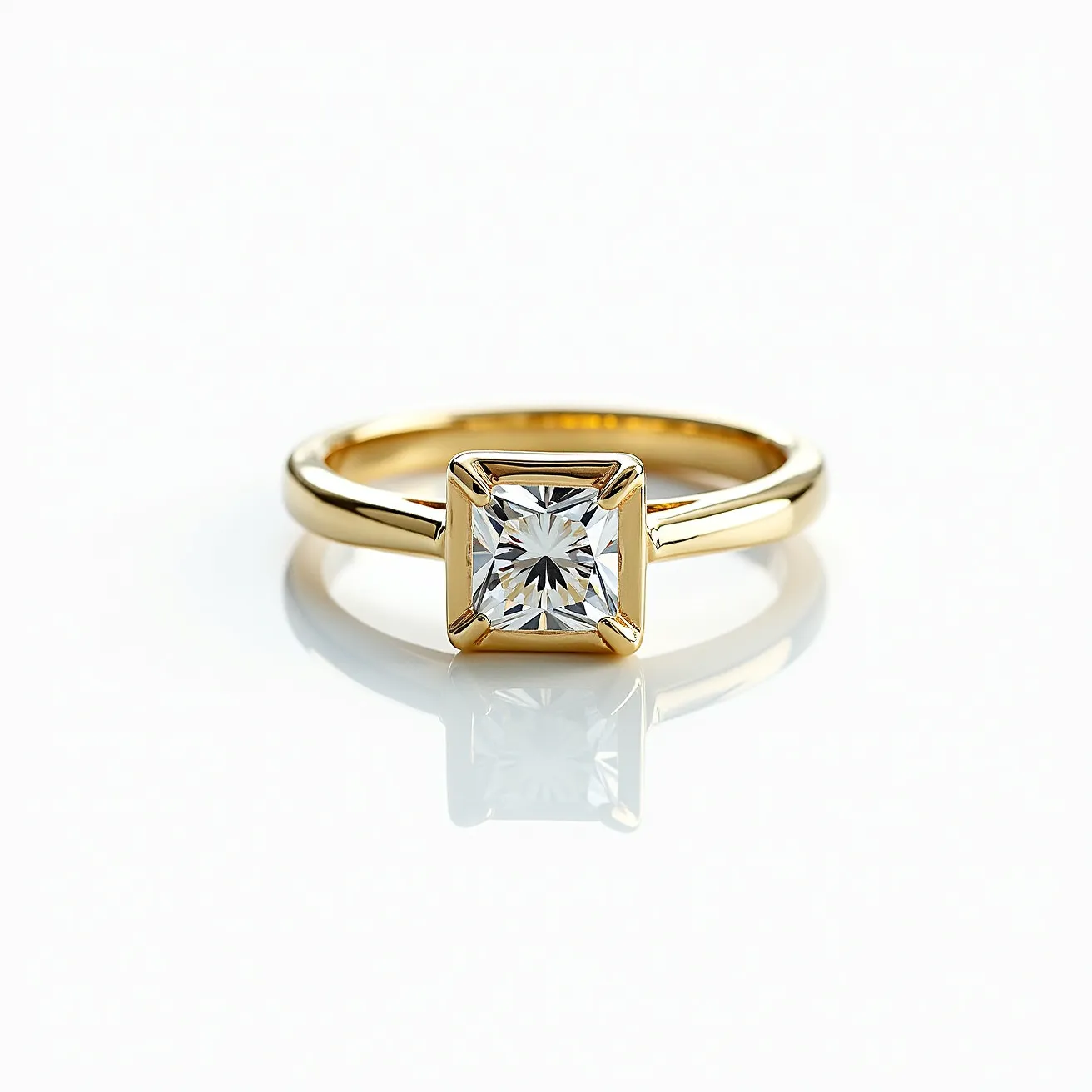 This engagement ring features a simple yet elegant design with a focus on a square-cut diamond set prominently at its center. The stone is held securely in a four-prong yellow gold setting, which complements the brilliance of the diamond. The band itself is crafted from polished yellow gold, offering a classic and timeless aesthetic. The combination of the square-cut diamond and the minimalist band enhances the overall sophistication and allure of the ring.