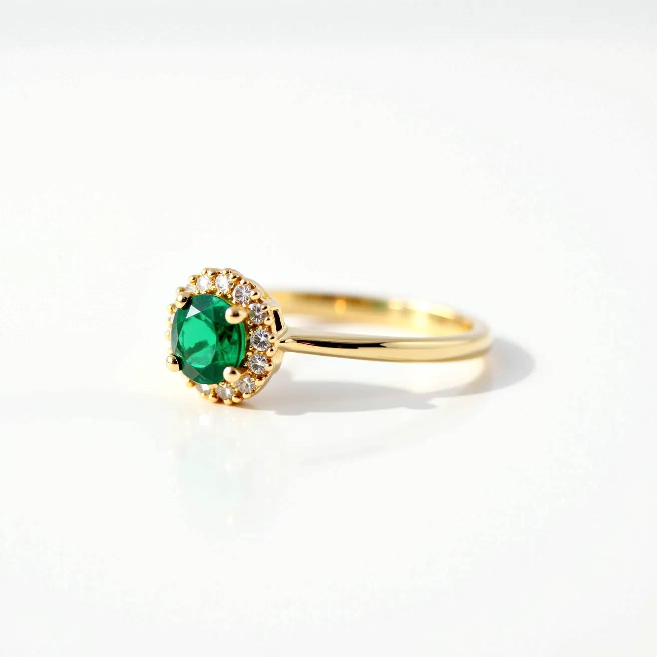 This engagement ring features a vibrant green gemstone, likely an emerald, at its center, which is round cut for a classic and elegant look. The central stone is surrounded by a halo of small, clear diamonds, enhancing its brilliance and adding a touch of sophistication. The setting is a prong style, securely holding the stones in place while allowing maximum light to pass through. The band is made of yellow gold, providing a warm contrast to the gemstones and adding a rich, luxurious feel to the piece. The overall design is timeless, combining bold color with classic elements to create a striking engagement ring.