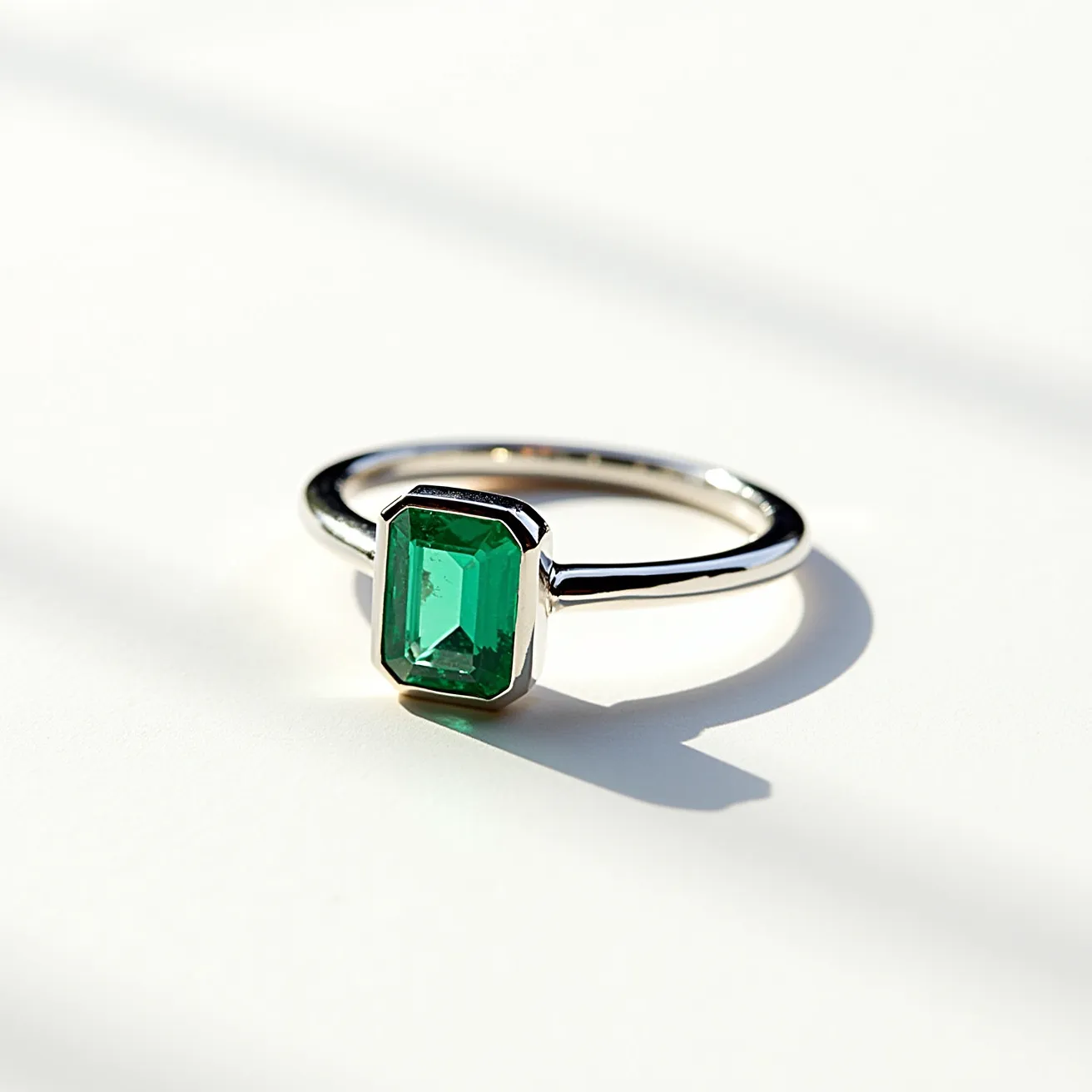 This engagement ring features a striking emerald-cut green gemstone, prominently set in a sleek, polished metal band that appears to be platinum or white gold. The gem is held in a bezel setting, which securely encases the stone, enhancing its vivid color and providing a modern, elegant look. The minimalist band complements the stone, allowing the emerald to remain the focal point of the piece. This design offers a timeless and sophisticated aesthetic, perfect for someone looking for a ring that combines classic elements with contemporary style.