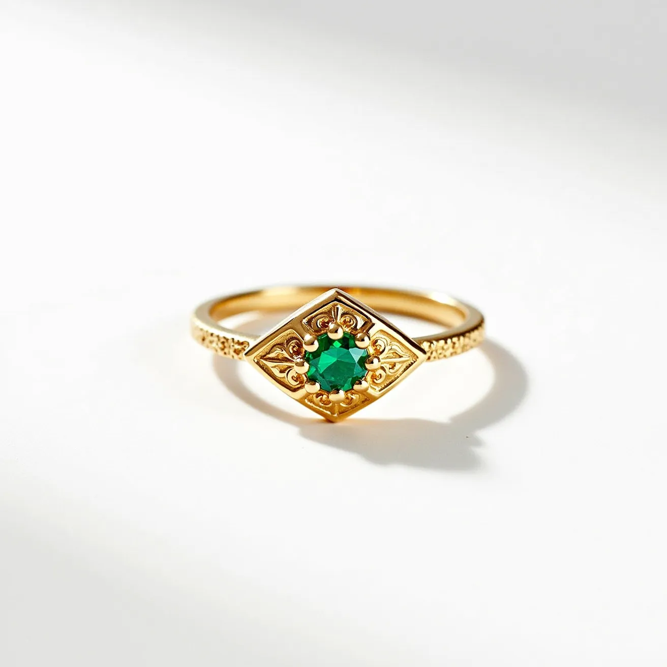 This engraved ring features a gold band that showcases intricate detailing on either side of its center setting. The focal point is a vibrant green gemstone, possibly an emerald, which is round-cut and securely set in a bezel that enhances its brilliance. The gem is surrounded by elegant engraved patterns, adding a touch of sophistication. The overall craftsmanship reflects a harmonious blend of traditional design with ornate elements.