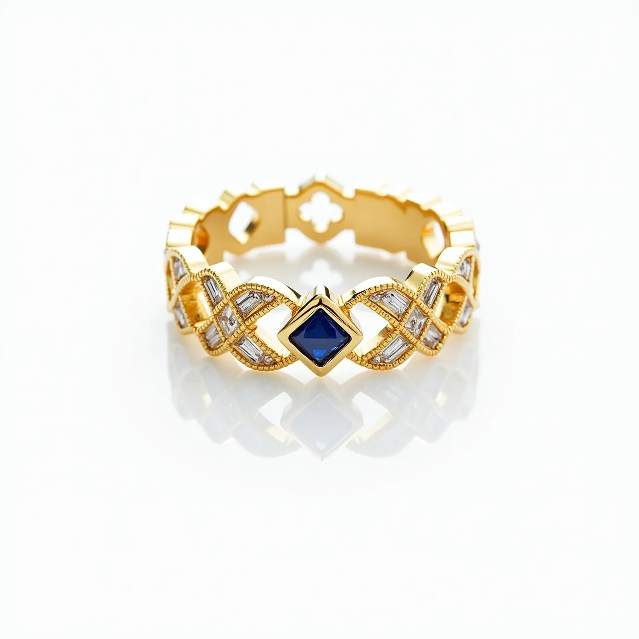 This eternity ring features a gold band intricately designed with a continuous pattern. The central element is a square-cut blue gemstone, likely a sapphire, securely nestled in a bezel setting. Surrounding the central stone are several smaller, clear stones, possibly diamonds, set in a pave arrangement that enhances the ring’s decorative pattern. The overall design emphasizes a lattice motif, providing an elegant and sophisticated aesthetic without the presence of any clasp or attachment, allowing the ring to maintain a seamless appearance.