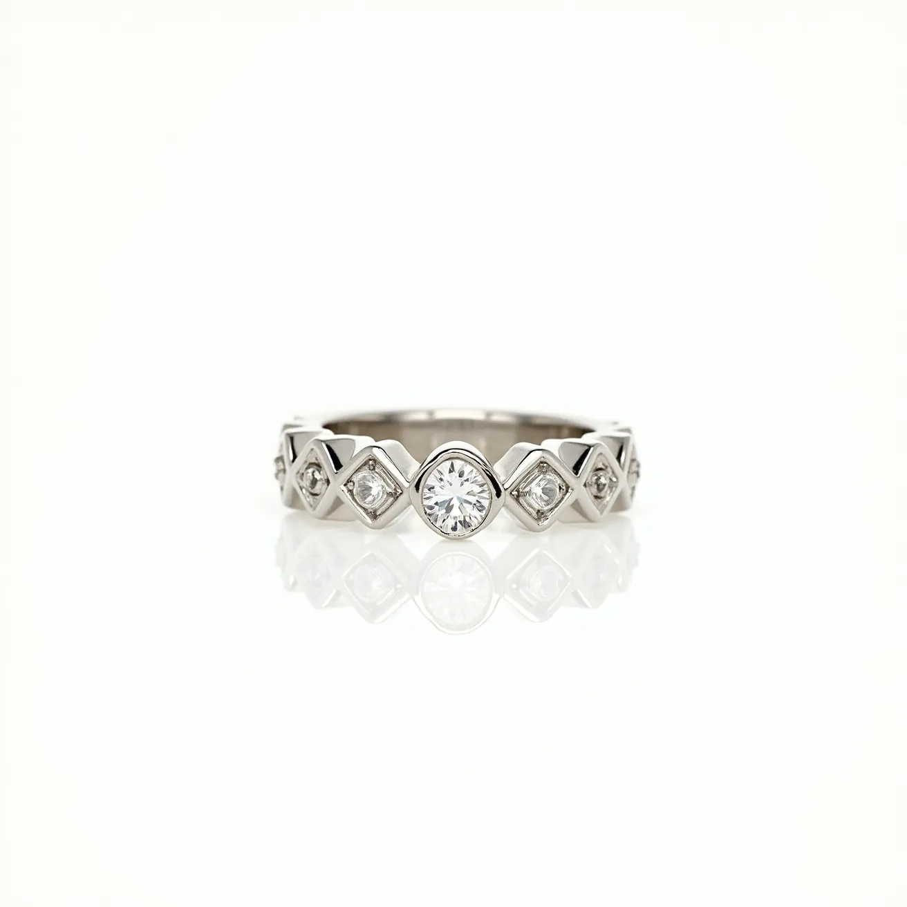 This eternity ring showcases a sleek metal band, likely made from a polished white gold or platinum, featuring an elegant design with a series of diamond stones. The diamonds are round-cut and are set within a unique geometric pattern that alternates with additional smaller stones, creating a continuous and captivating layout. The central stones are bezel-set, ensuring a secure and modern appearance. There is no visible clasp or attachment, as is typical for eternity rings, which are designed to be seamless and symmetrical.