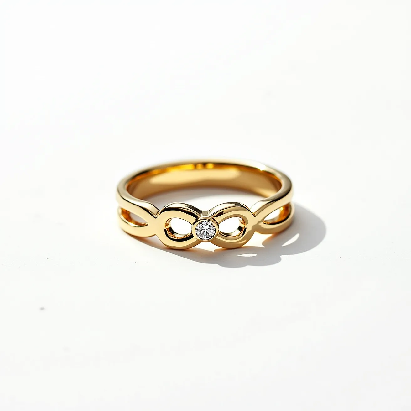 This fidget ring features a sleek and polished gold-tone band with an elegant infinity symbol design at its center. Embedded within the center of the infinity loop is a small, round-cut diamond or diamond-like gem, securely set in a bezel setting that accents the shimmering quality of the stone. The ring’s smooth and continuous structure allows for ease of movement, providing both a stylish and functional element for those who seek to fidget discreetly. The metallic finish adds a touch of luxury to the design, making it suitable for both casual and formal wear.