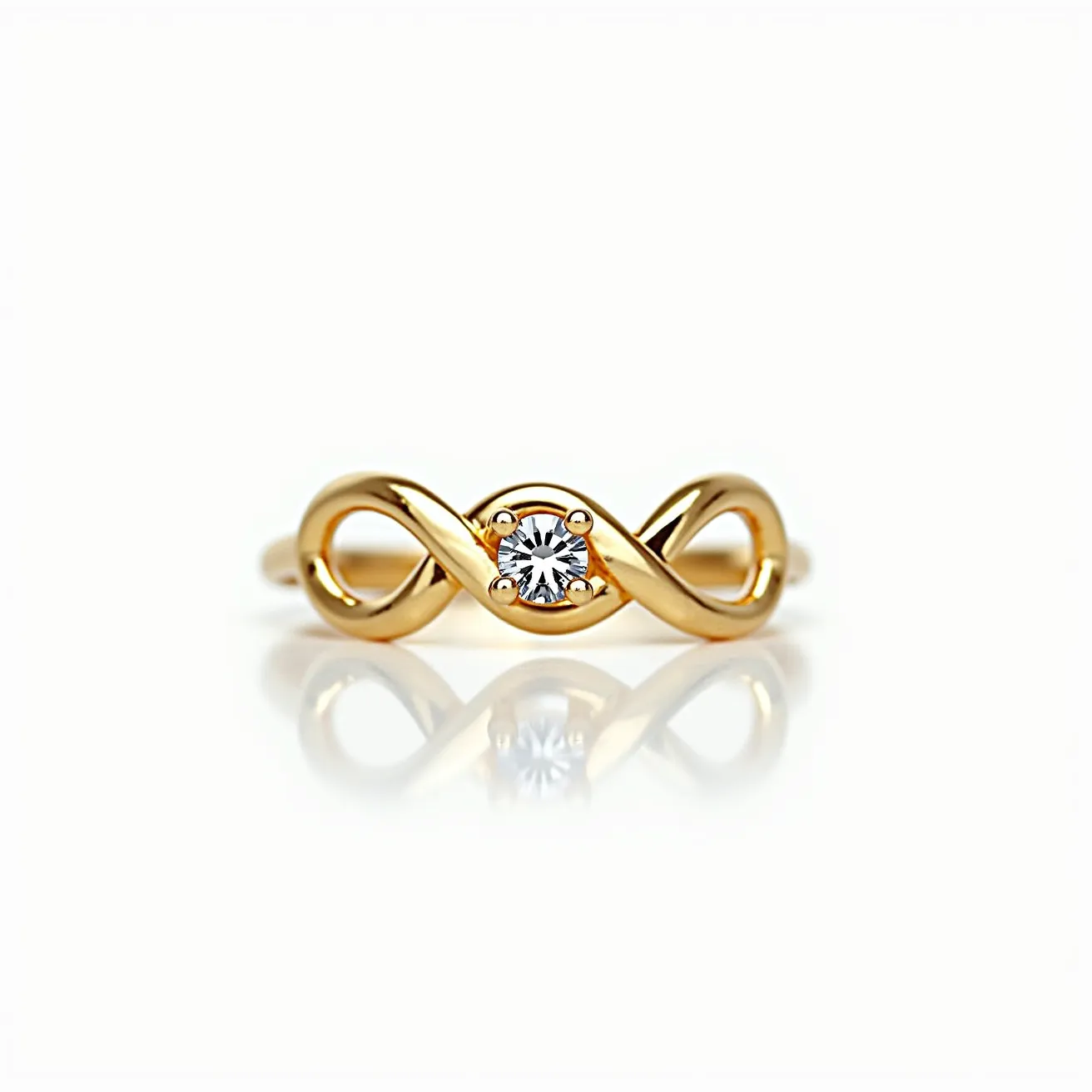 This fidget ring features an elegant design with a yellow gold band that forms an infinity loop, symbolizing eternal connection and balance. At the center of the design is a single round-cut diamond, securely held in place by a four-prong setting, showcasing its brilliance and clarity. The smooth, polished finish of the gold enhances the visual appeal, while the diamond adds a touch of sparkle. This ring is beautifully crafted to combine both function and style, ideal for those seeking a discreet way to channel nervous energy.