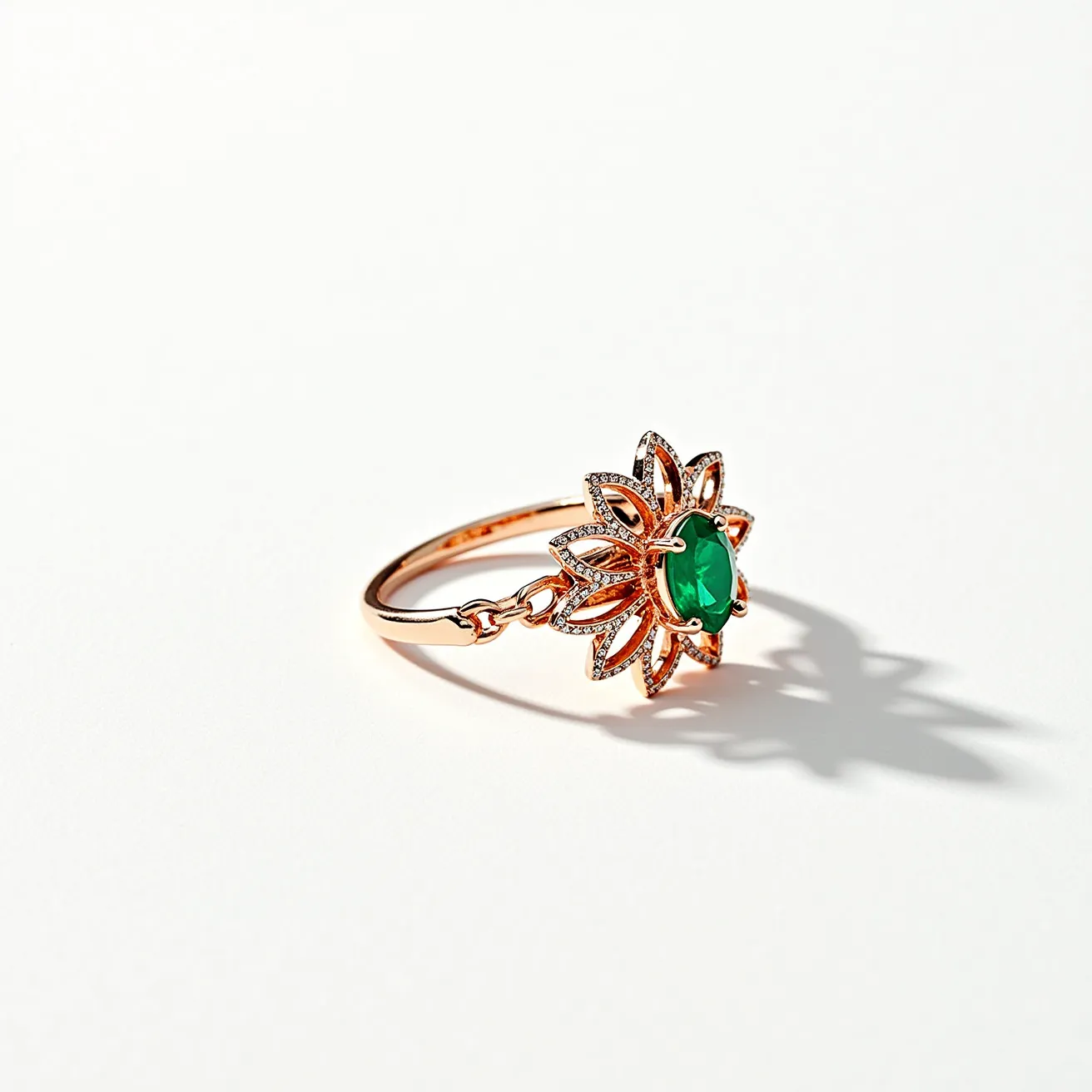 This floral ring features a striking design with a central green oval gem, likely an emerald, set prominently in a rose gold band. The gem is encircled by petal-like elements that are studded with small diamonds, accentuating the floral motif. These petals are intricately arranged to create a layered, textured appearance that enhances the central gemstone. The ring's band is sleek and polished, attaching elegantly to the floral structure, although it lacks any visible clasps or adjustable attachments. The vibrant interplay between the green gemstone and the sparkle of the diamonds creates a luxurious and eye-catching piece of jewelry.