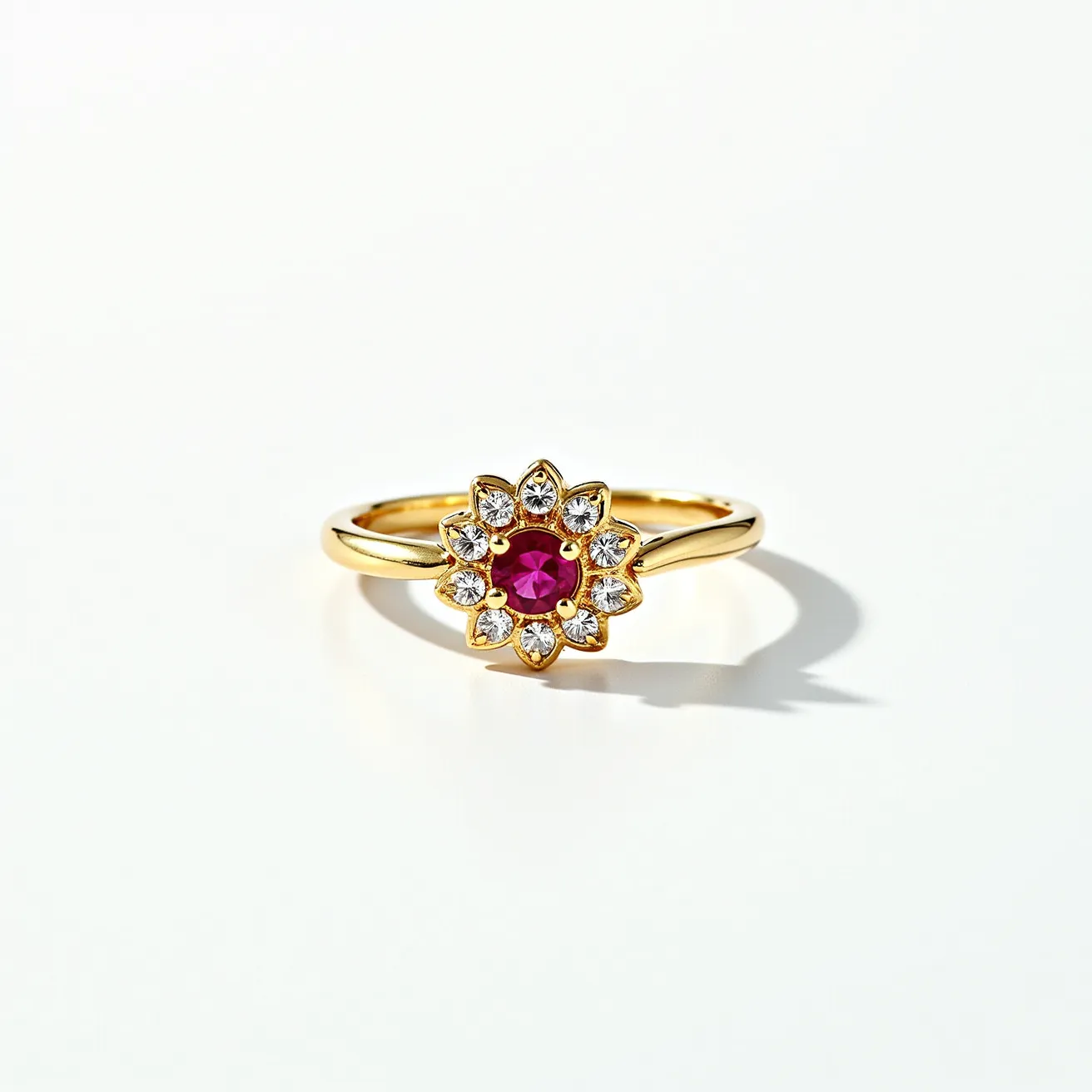 This floral ring features a vibrant red ruby at the center, surrounded by a circular arrangement of clear, round-cut gemstones, likely diamonds, that form a floral pattern. The stones are set in a yellow gold band, providing a warm and elegant contrast to the sparkle of the gems. The ruby is securely held in a prong setting, elevating it slightly above the surrounding stones for added emphasis. Each gemstone is meticulously placed, enhancing the floral motif and creating a balanced, symmetrical design. The band is smooth and polished, adding to the ring's overall luxurious appearance.