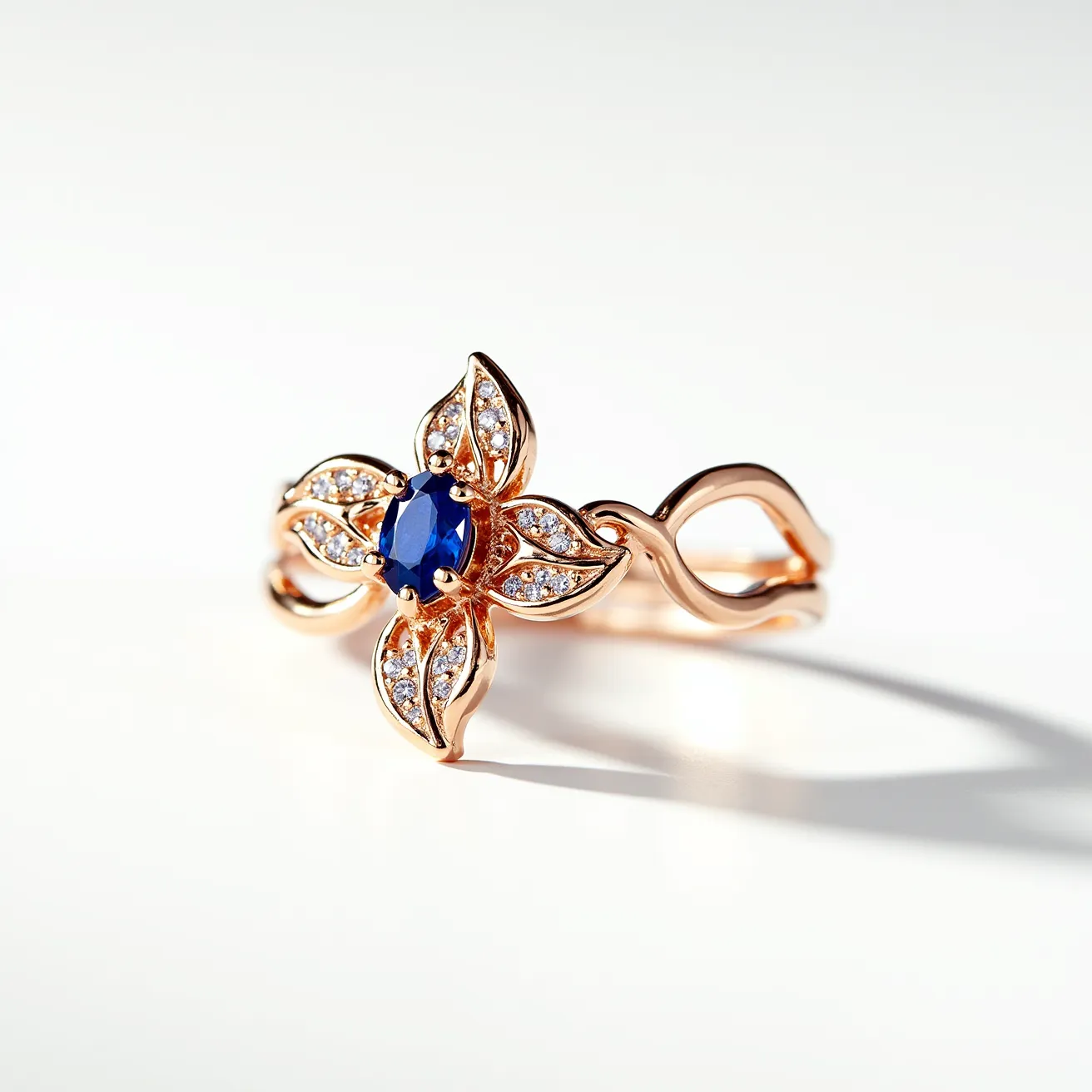 This floral ring features a delicate design crafted from rose gold, forming a petal-like motif. At the center is an oval-cut blue sapphire, held securely with a prong setting that adds elegance and focus to the central stone. Each petal is adorned with small, round-cut diamonds, set into the gold to enhance the floral design with sparkle and brilliance. The band is shaped with an elegant, intertwining design that complements the ornate, nature-inspired theme of the center motif. The overall craftsmanship highlights the contrast between the rich blue of the sapphire and the shimmering diamonds, creating a harmonious and luxurious piece.