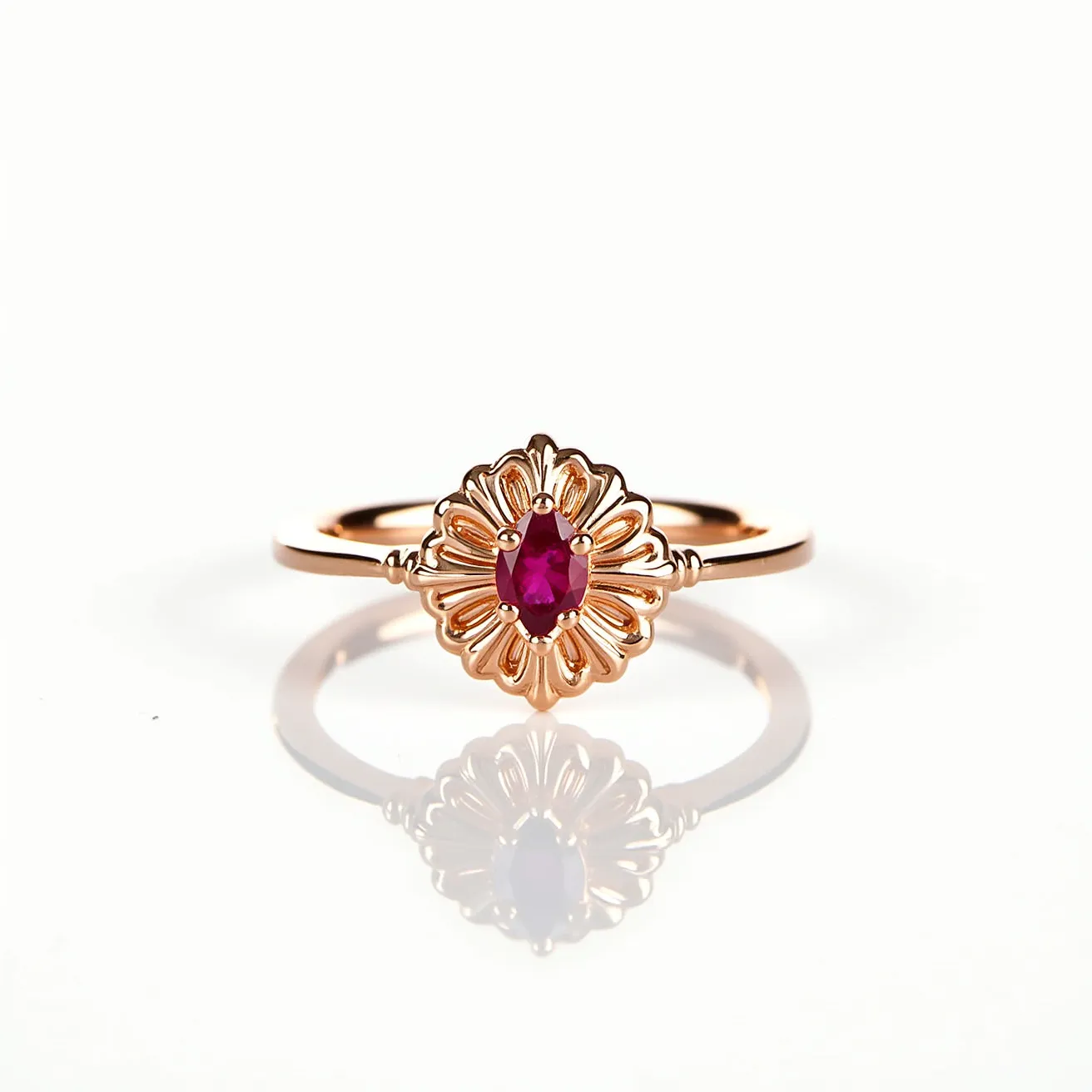 This floral ring features an intricate design made of rose gold, showcasing a central, oval-cut ruby. The ruby is elegantly set within a decorative floral motif that enhances its vivid red hue. The ring's band displays a polished finish, smoothly curving into delicate details that complement the central stone. Overall, the placement and design elements create an elegant and balanced appearance, making the ring both a statement piece and a timeless accessory.