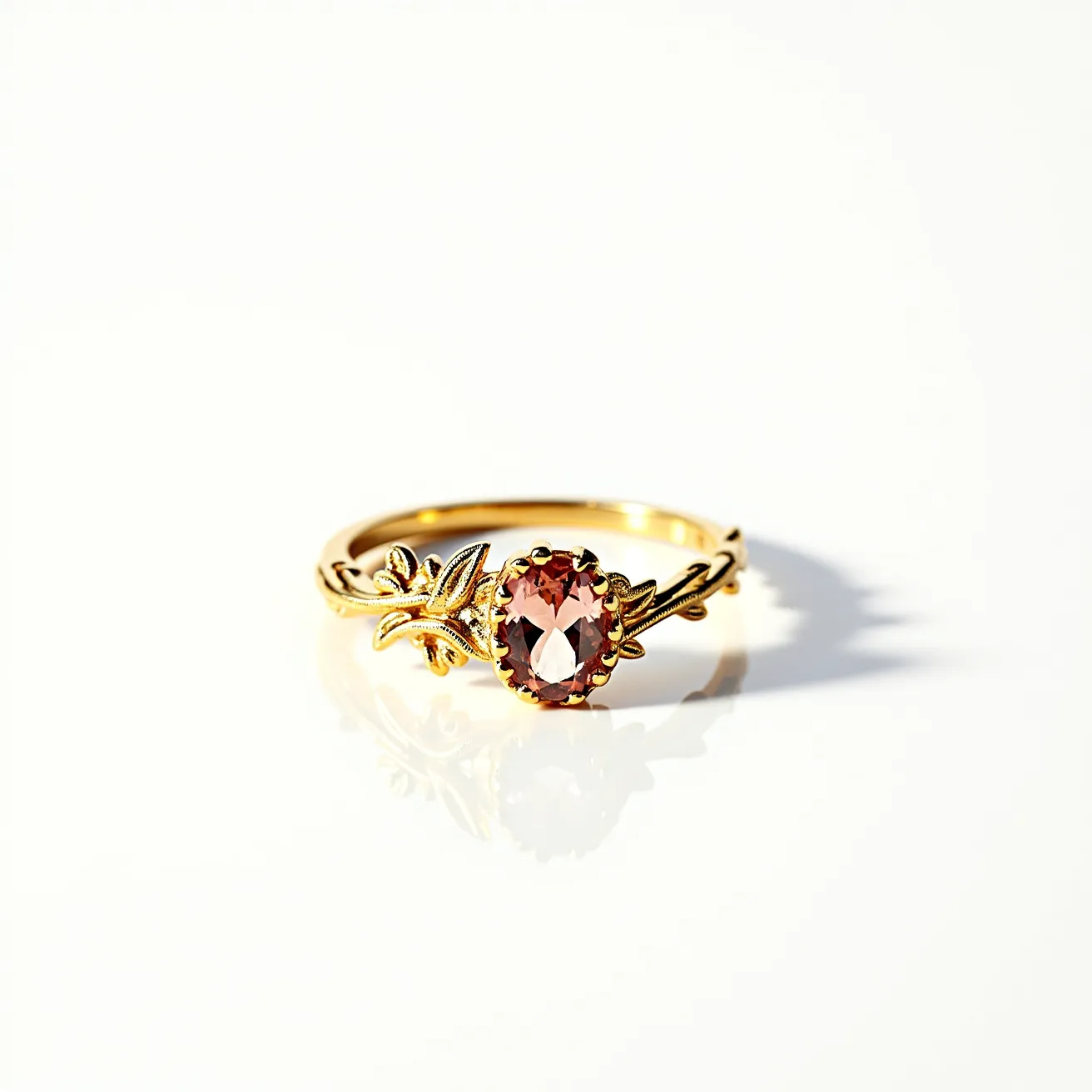 This friendship ring features a delicate band crafted from what appears to be gold, showcasing an intricate design with floral motifs. At its center, the ring is adorned with an oval-cut gemstone, possibly a garnet or similar stone, which is held securely in place by a prong setting. The stone exhibits a warm, reddish hue, complementing the golden tones of the band. The floral design intricately wraps around the gemstone, enhancing the ring's romantic and elegant aesthetic.