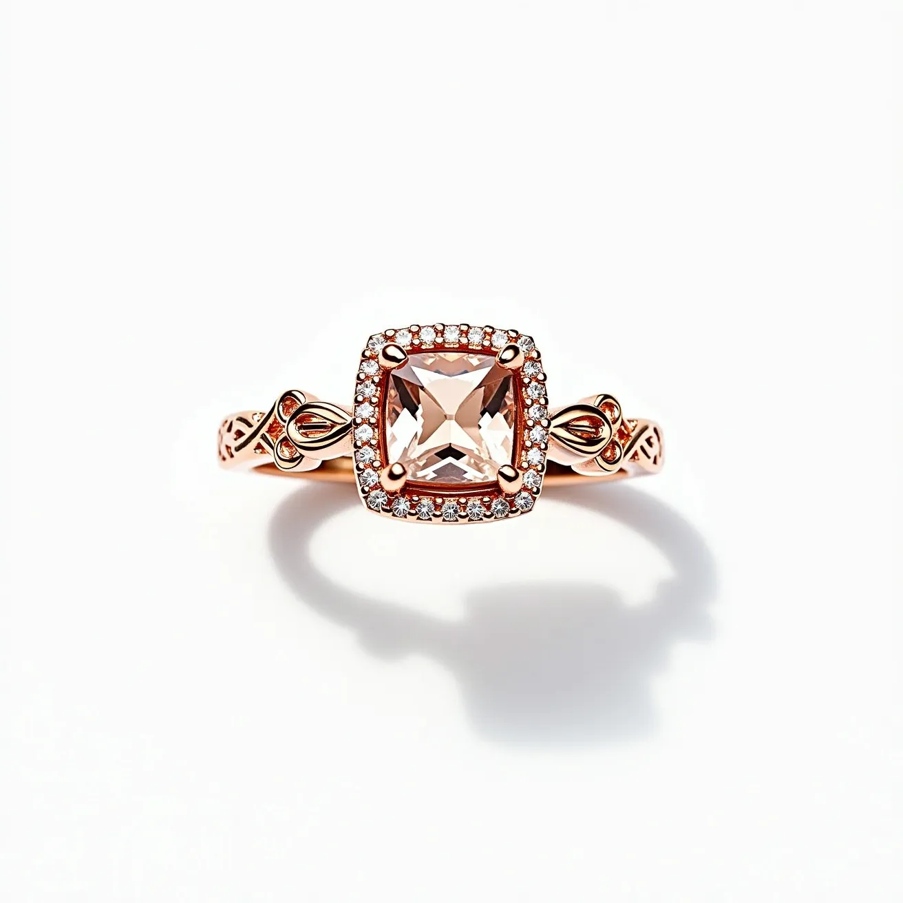 This friendship ring features a central, cushion-cut gemstone set in a rose gold band. The stone is surrounded by a halo of smaller round stones, accentuating its elegance. The band displays intricate, Celtic-inspired design elements, adding a sense of artistry and depth. The setting is prong-based, securely holding the main stone in place while allowing light to enhance its brilliance. With its ornate design and harmonious blend of materials, this ring embodies a blend of sophistication and friendship symbolism.