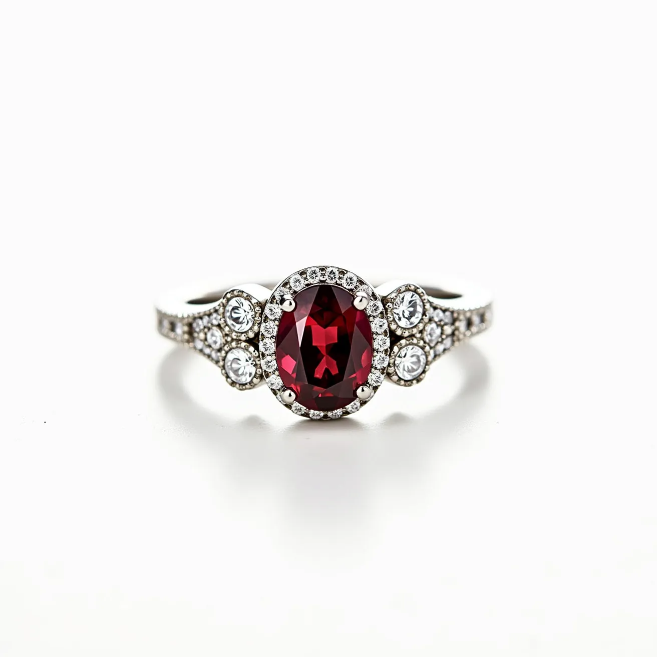 This garnet engagement ring features an oval-cut garnet as its centerpiece, exuding a rich, deep red hue. The garnet is elegantly set in a halo of small round diamonds that enhance its brilliance. The band of the ring is crafted from a lustrous metal, likely white gold or platinum, adding to its luxurious appeal. Additional small diamonds are intricately set along the band in a three-stone style on each side of the garnet, providing extra sparkle and visual interest. The combination of the garnet with the surrounding diamonds creates a striking and timeless design.