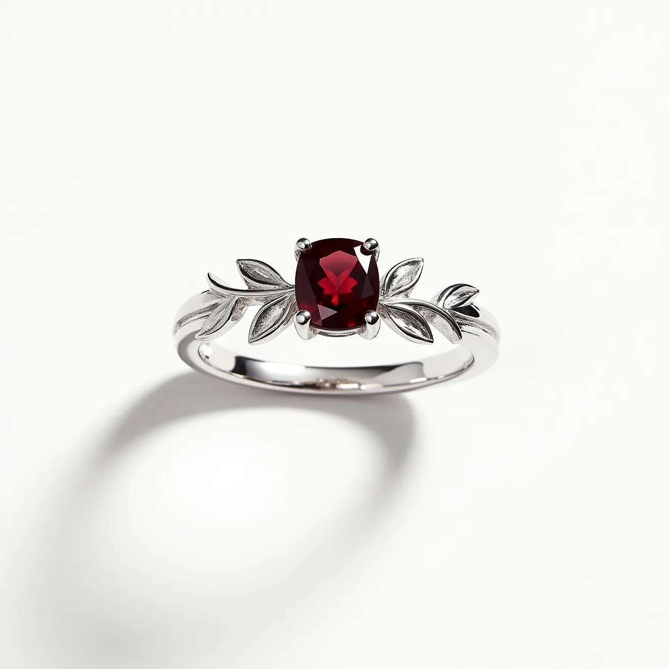 This garnet engagement ring features a vibrant, deep red garnet stone at its center. The garnet is an oval cut, which enhances its rich color and brilliance. The stone is elegantly set in a four-prong setting, securely holding it in place. The band of the ring is crafted from a polished metal, possibly white gold or platinum, and is adorned with a delicate leaf motif, adding an organic and unique touch to the design. The leaves are finely detailed, with a mix of textured surfaces that provide an elegant contrast to the smooth, gleaming band.