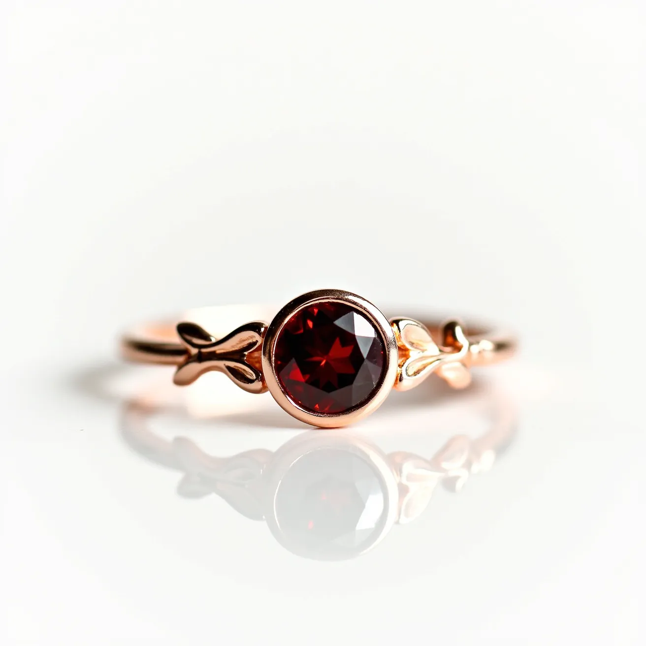 This garnet engagement ring features a striking round-cut garnet set in a bezel setting, which securely encases the stone within a smooth rose gold band. The ring's band is adorned with intricate leaf-like designs on either side of the central stone, adding an elegant and nature-inspired touch. The rose gold metal provides a warm contrast to the deep red hue of the garnet, creating a harmonious and stylish aesthetic that highlights the unique beauty of the center stone.