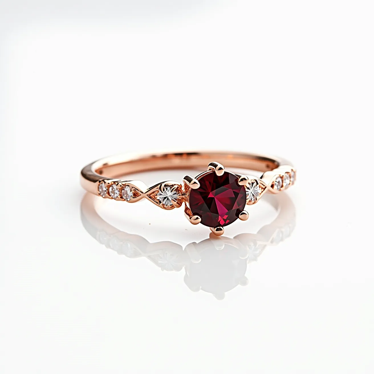 This garnet engagement ring features a central round-cut garnet held securely by a six-prong setting. The band is crafted from rose gold, enhancing the rich red hue of the garnet with its warm tone. Accompanying the central stone, there are small, round white diamonds adorning the band on either side, set in a delicate twist design that adds an elegant flair. The arrangement of the stones emphasizes the garnet as the focal point while adding a touch of brilliance with the diamond accents. The overall design blends classic elegance with contemporary style, making it a distinctive choice for an engagement ring.