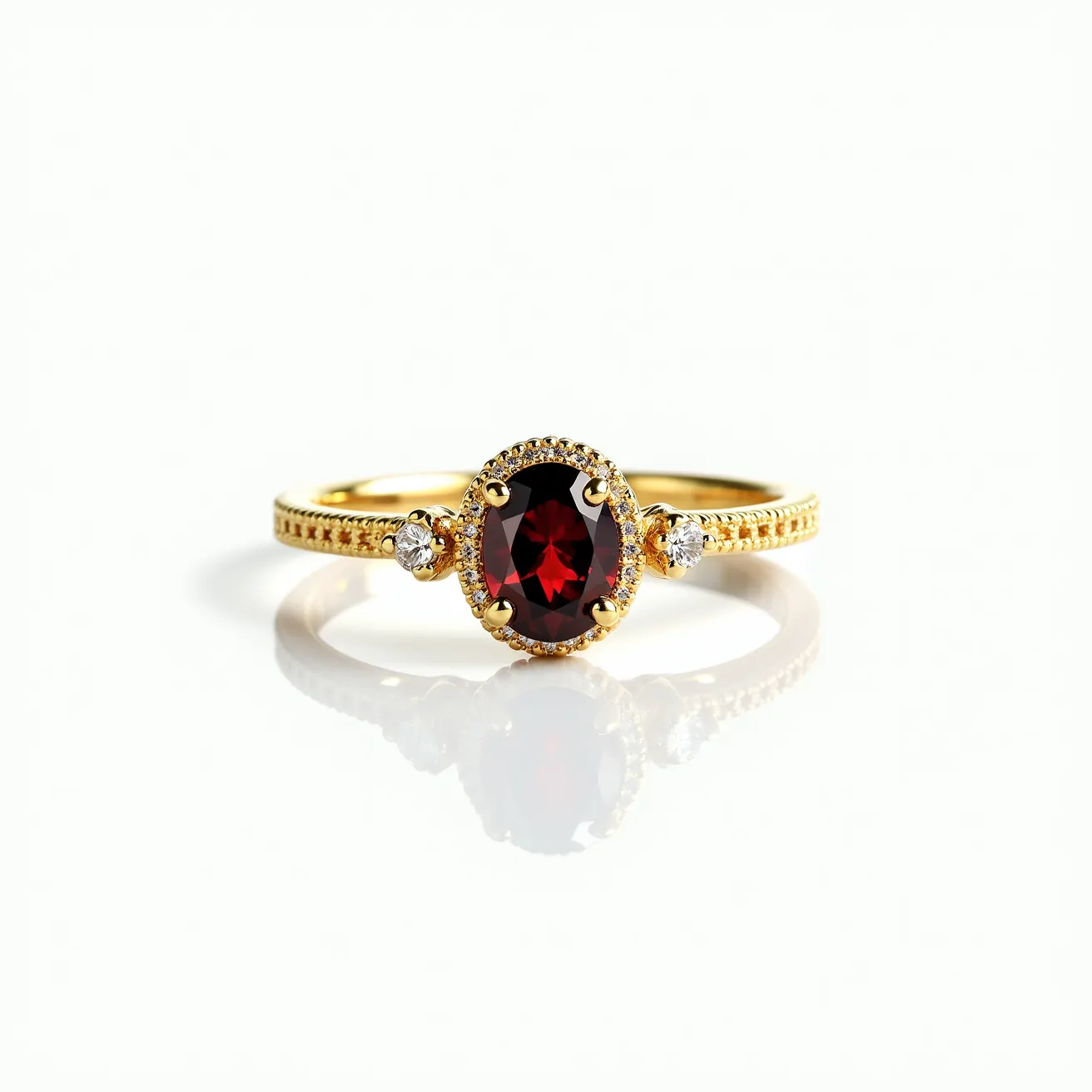 This garnet engagement ring features a striking oval-cut garnet set in a halo of small, sparkling diamonds. The band is crafted from a yellow gold material, which harmoniously complements the deep red hue of the garnet. The setting is a prong style, securing the garnet elegantly in place, while two additional smaller diamonds flank the central stone on each side. These diamonds are held securely in place by prong settings as well, adding to the overall brilliance of the piece. The gold band has a delicate texture with beading along its edges, enhancing the ring’s vintage-inspired aesthetic.