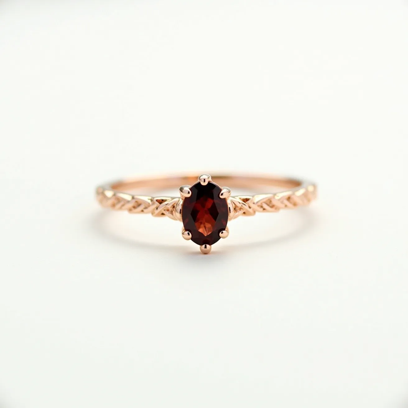 This garnet engagement ring features a stunning oval-cut garnet set prominently at its center. The stone is securely held in place by a classic prong setting, allowing the deep red hue of the garnet to be showcased beautifully. The band is crafted from rose gold, adding a warm and romantic touch to the overall design. The metalwork on the band includes intricate twist details that enhance the ring's elegance. Together, the garnet and rose gold create a harmonious and striking piece, suitable for those who appreciate a blend of tradition and unique style in their engagement jewelry.